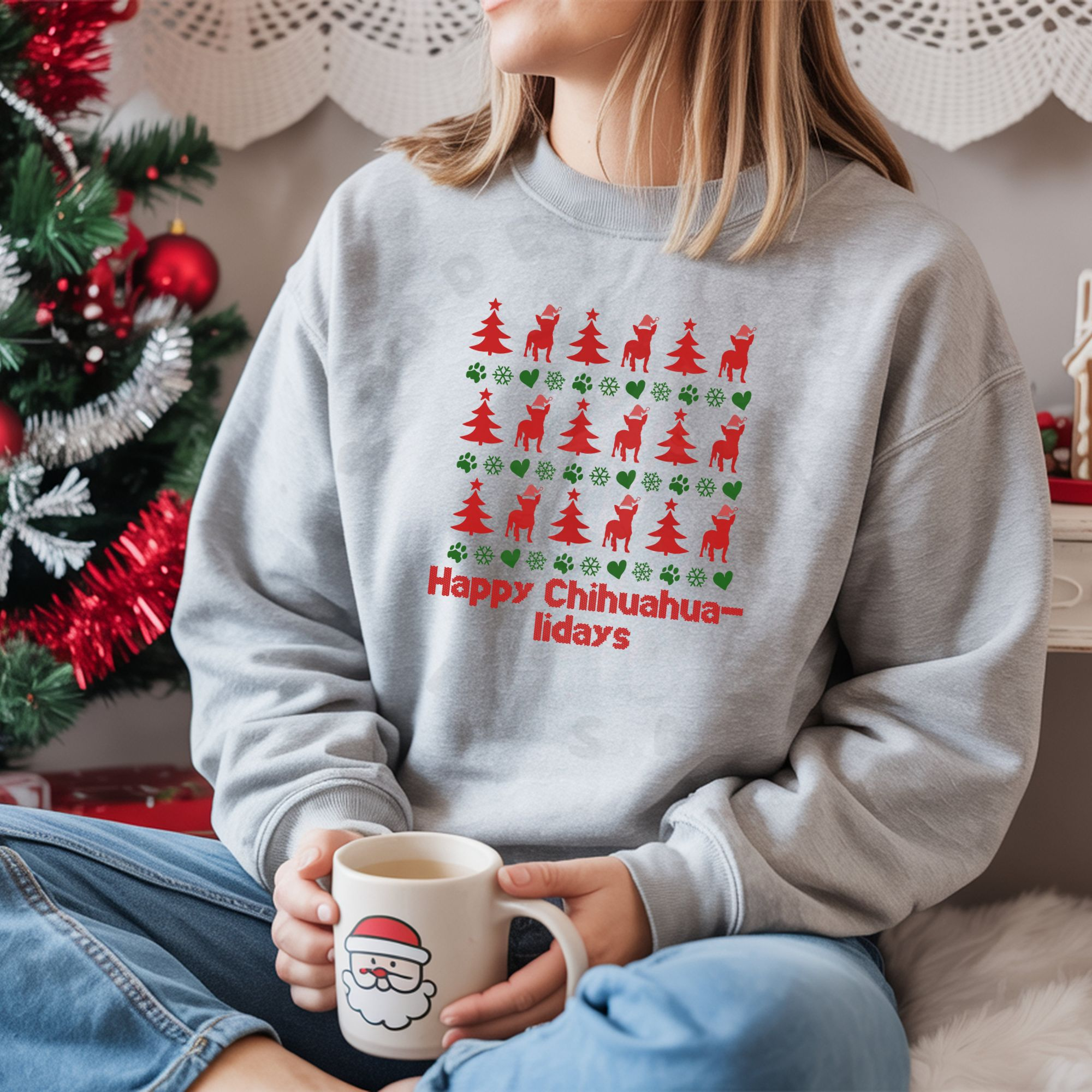 a woman sitting on the floor holding a christmas mug next to a christmas tree wearing an ash grey sweatshirt designed ugly christmas sweater style with rows of red christmas trees, green snowflakes, and chihuahuas wearing santa hats.