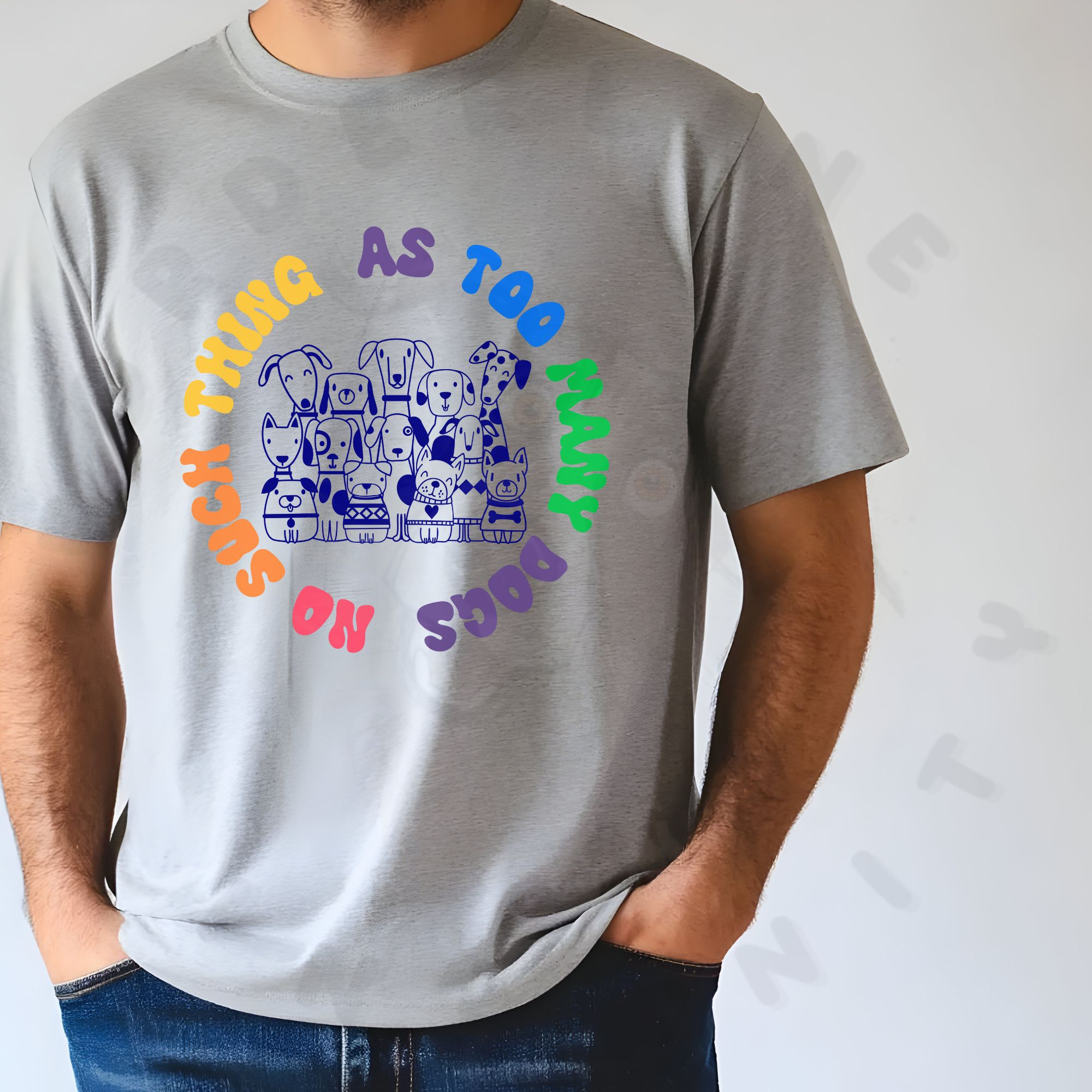 Athletic heather shirt with illustration of many dogs and rainbow text that says “No such thing as too many dogs.”