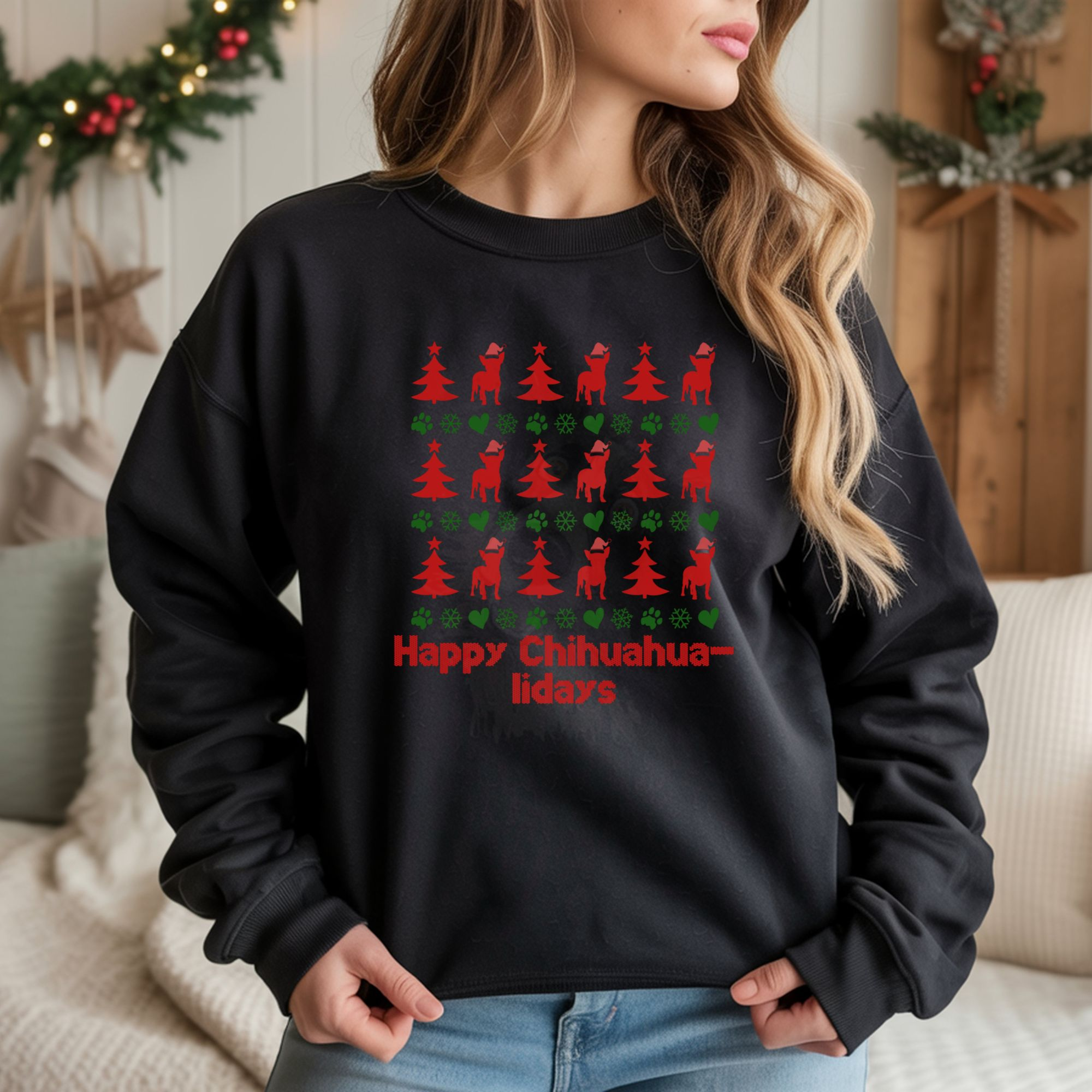 a woman standing in front of a wall with a christmas wreath wearing a black sweatshirt designed ugly christmas sweater style with rows of red christmas trees, green snowflakes, and chihuahuas wearing santa hats.