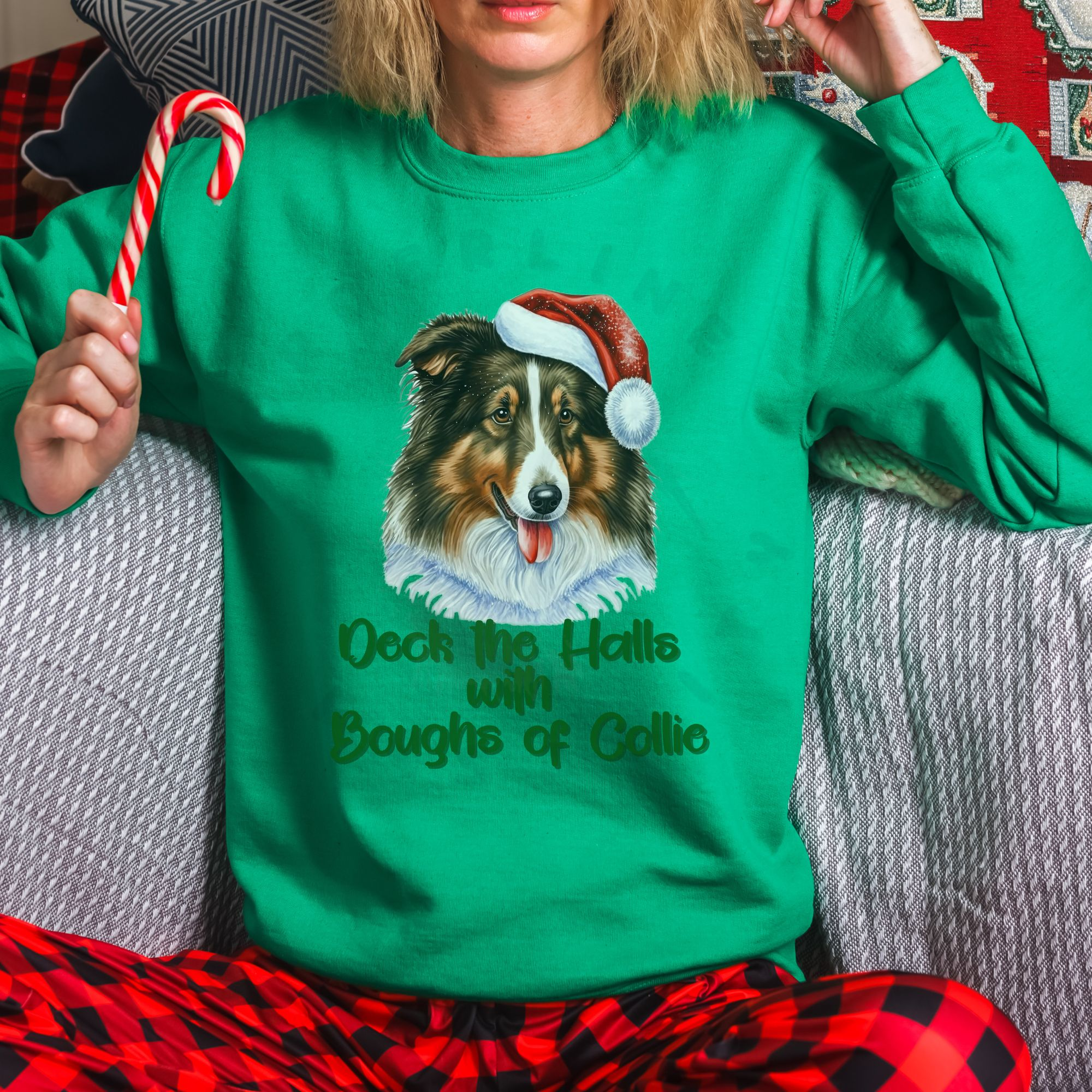 a woman sitting on a sofa wearing an irish green sweatshirt with a rough collie in a santa hat and the words deck the halls with boughs of collie