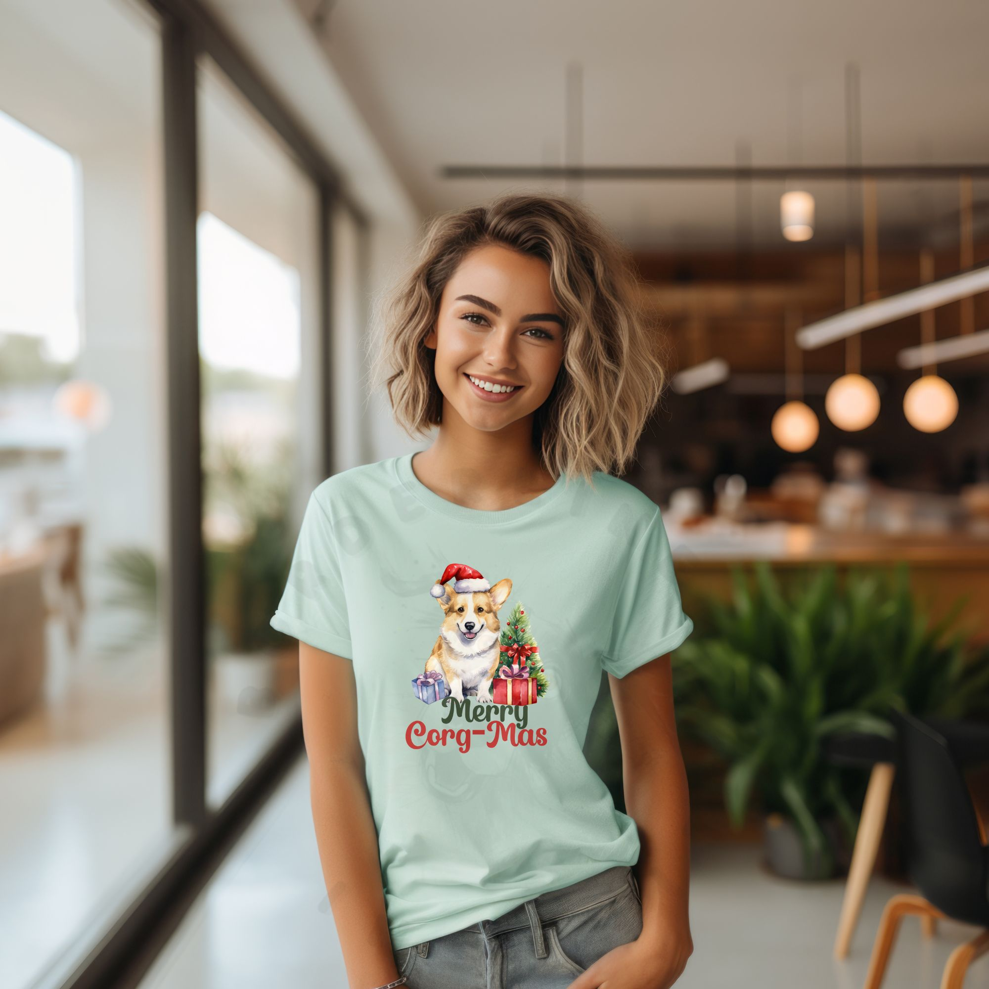 a woman standing next to a full length window wearing a mint t-shirt with a graphic of a corgi in a Santa hat with a Christmas tree and gifts that says Merry Corg-mas