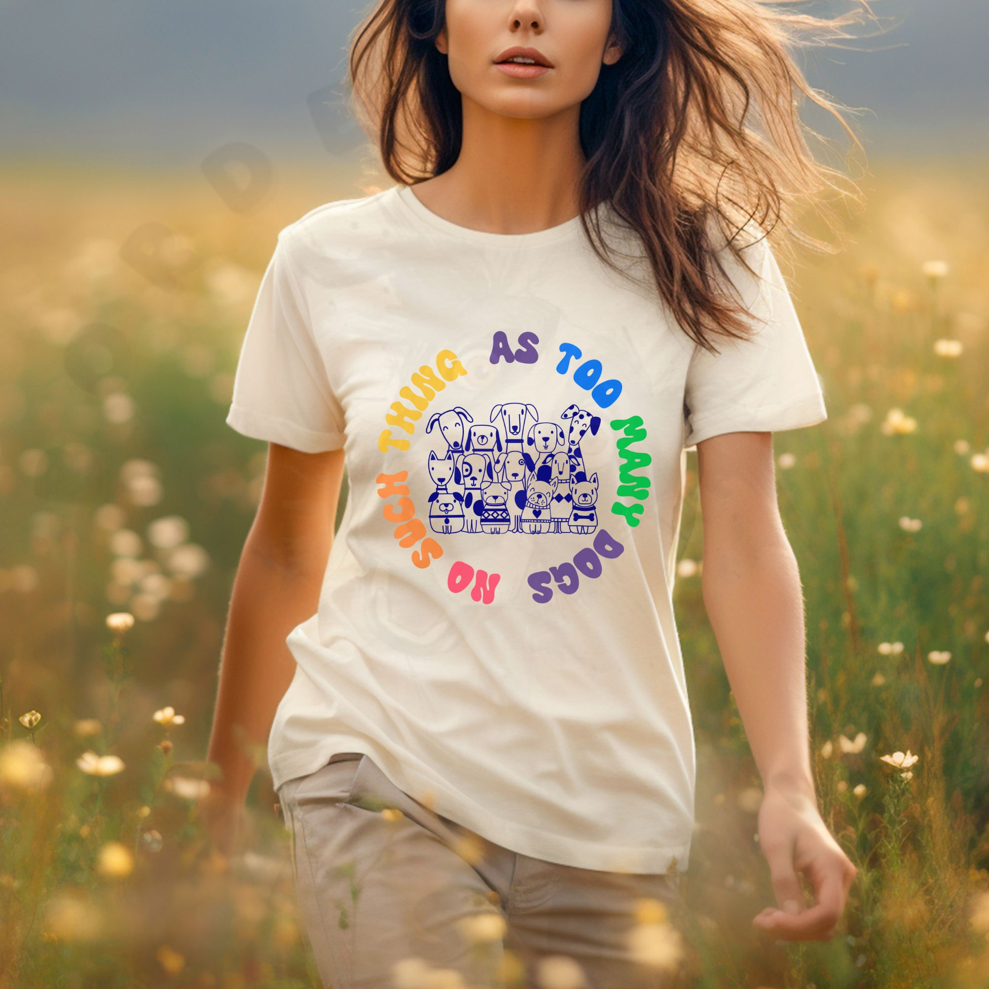 ivory (natural) shirt with illustration of many dogs and rainbow text that says “No such thing as too many dogs.”