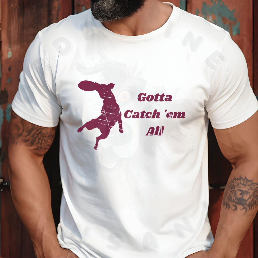 a muscular tattooed man wearing a white tshirt that says gotta catch em all with a silhouette of a leaping dog with a frisbee in its mouth