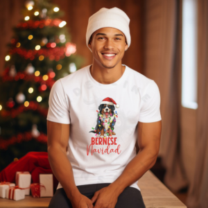 a man wearing a white hat sitting in front of a christmas tree wearing a white t-shirt that features a bernese mountain dog wrapped in christmas lights and wearing a santa hat
