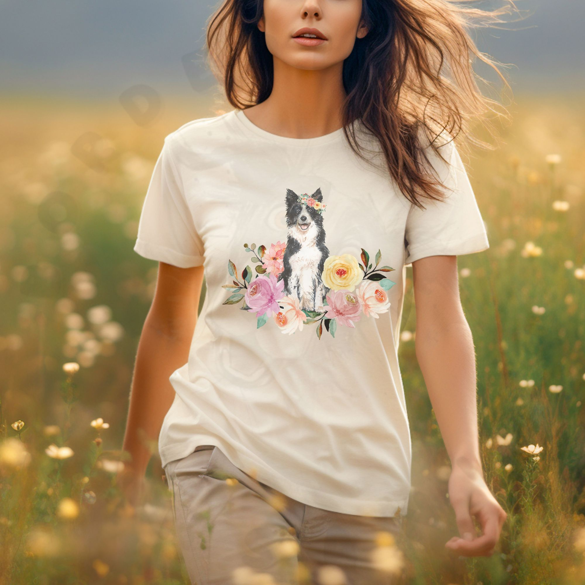 a woman walking in a field of wildflowers wearing an ivory (natural) tee featuring a border collie in flowers
