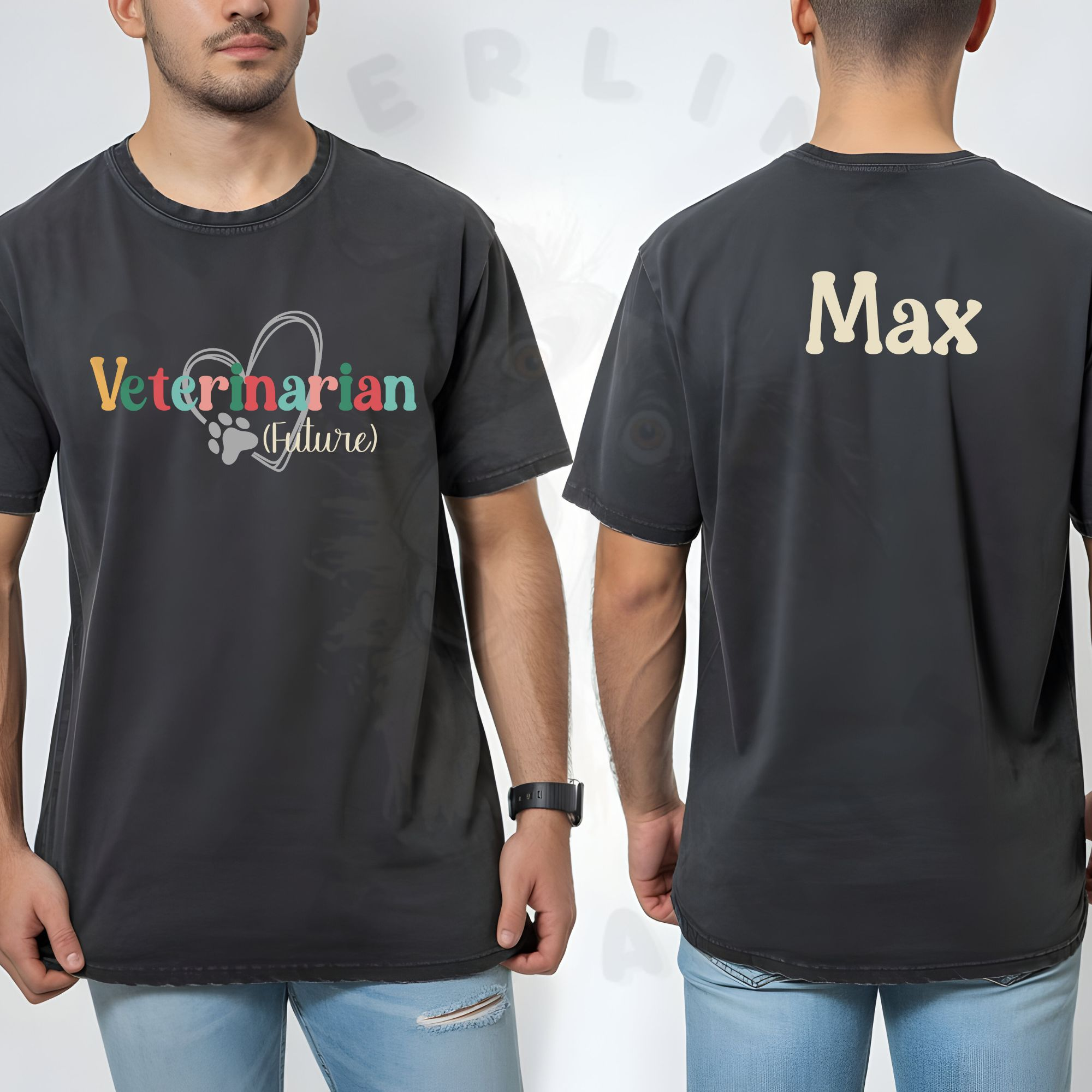 a split screen of a man wearing an asphalt grey tee that says future veterinarian on the front, and his name on the back