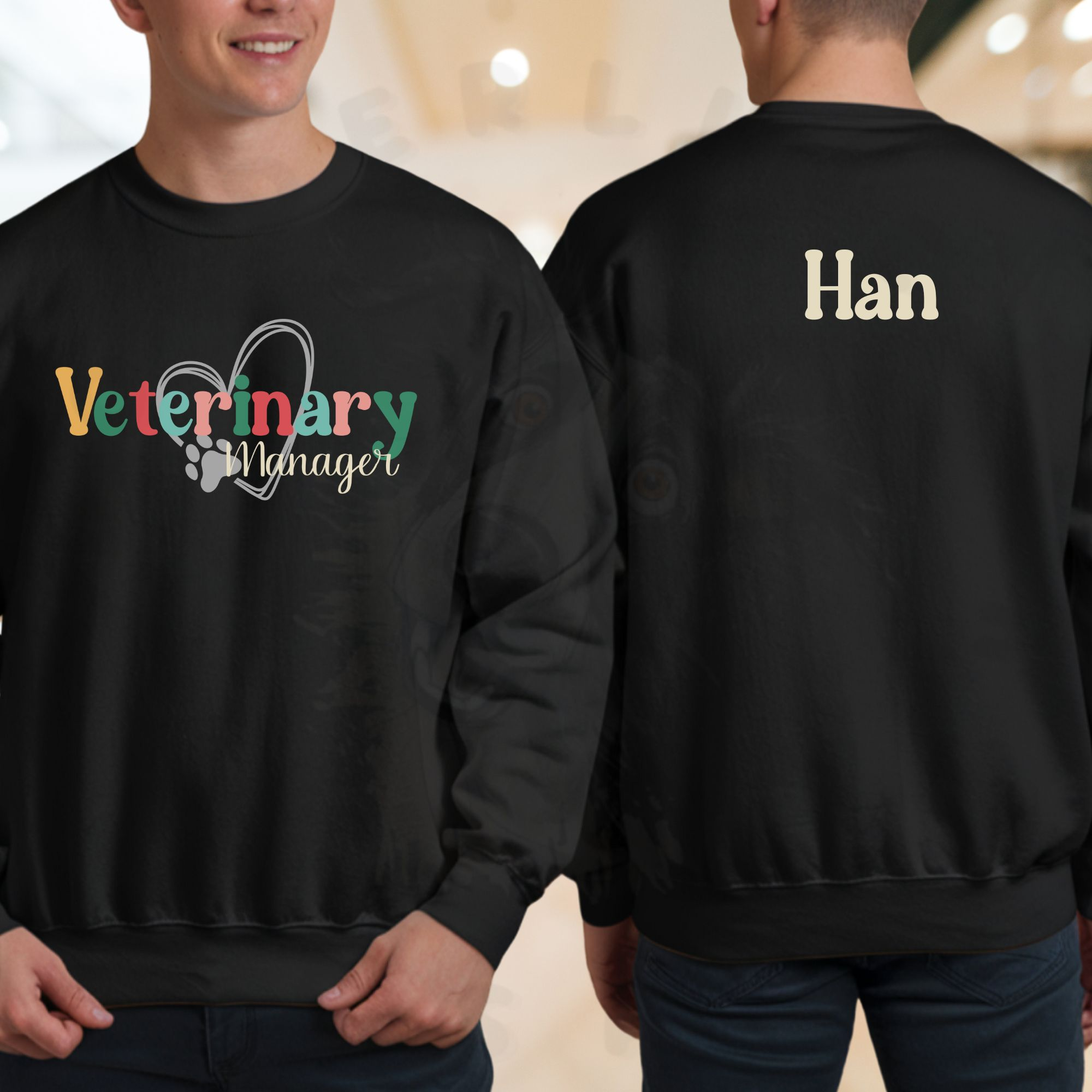 a split screen of a man in a mall wearing a black sweatshirt that says veterinary manager on the front and his name on the back