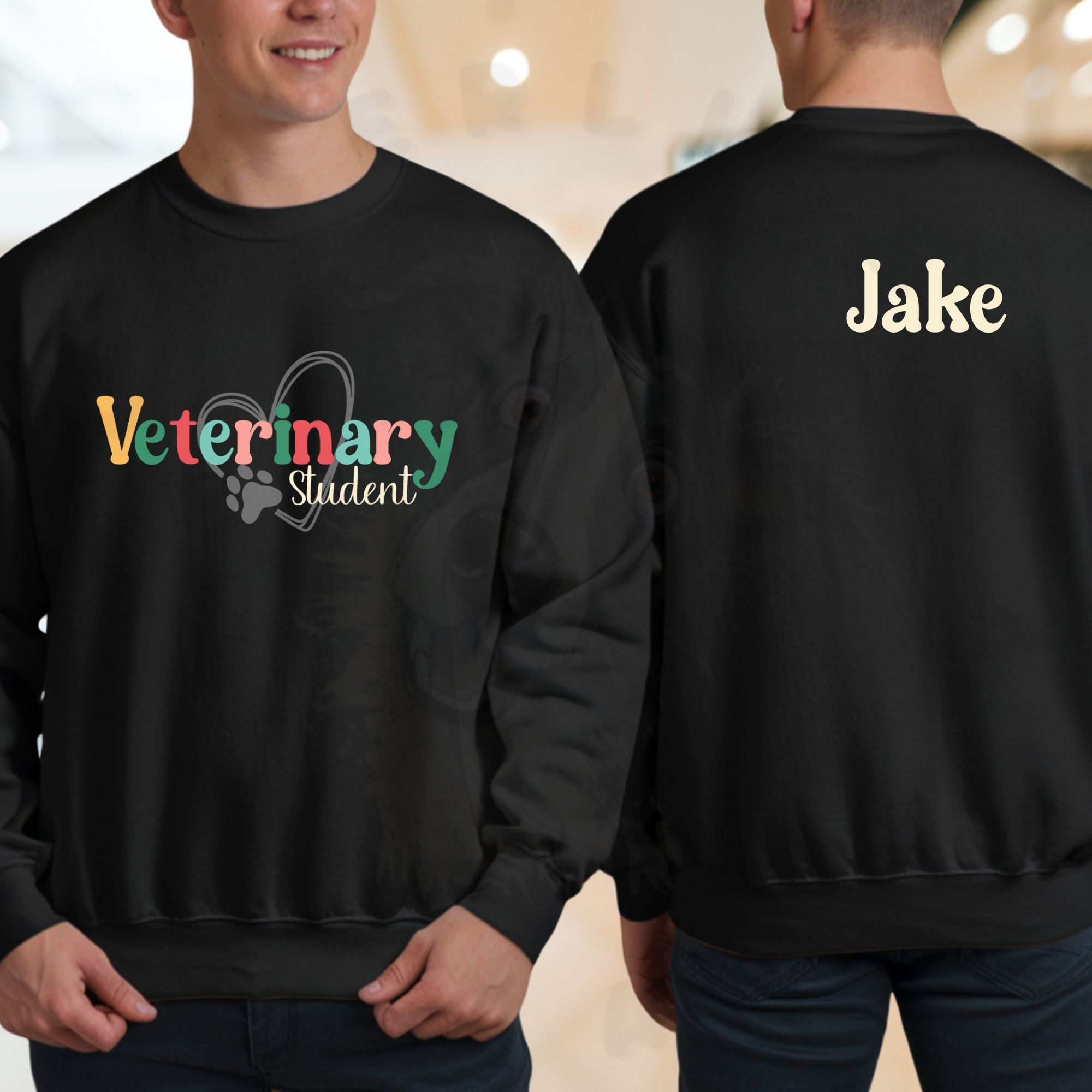 a split screen of a man in a mall wearing a black sweatshirt that says veterinary student on the front and his name on the back