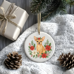 a stylized christmas scene of a package, pine cones, greenery, and a blanket with a round ceramic christmas ornament featuring a graphic of christmas flowers and greenery surrounding a chihuahua