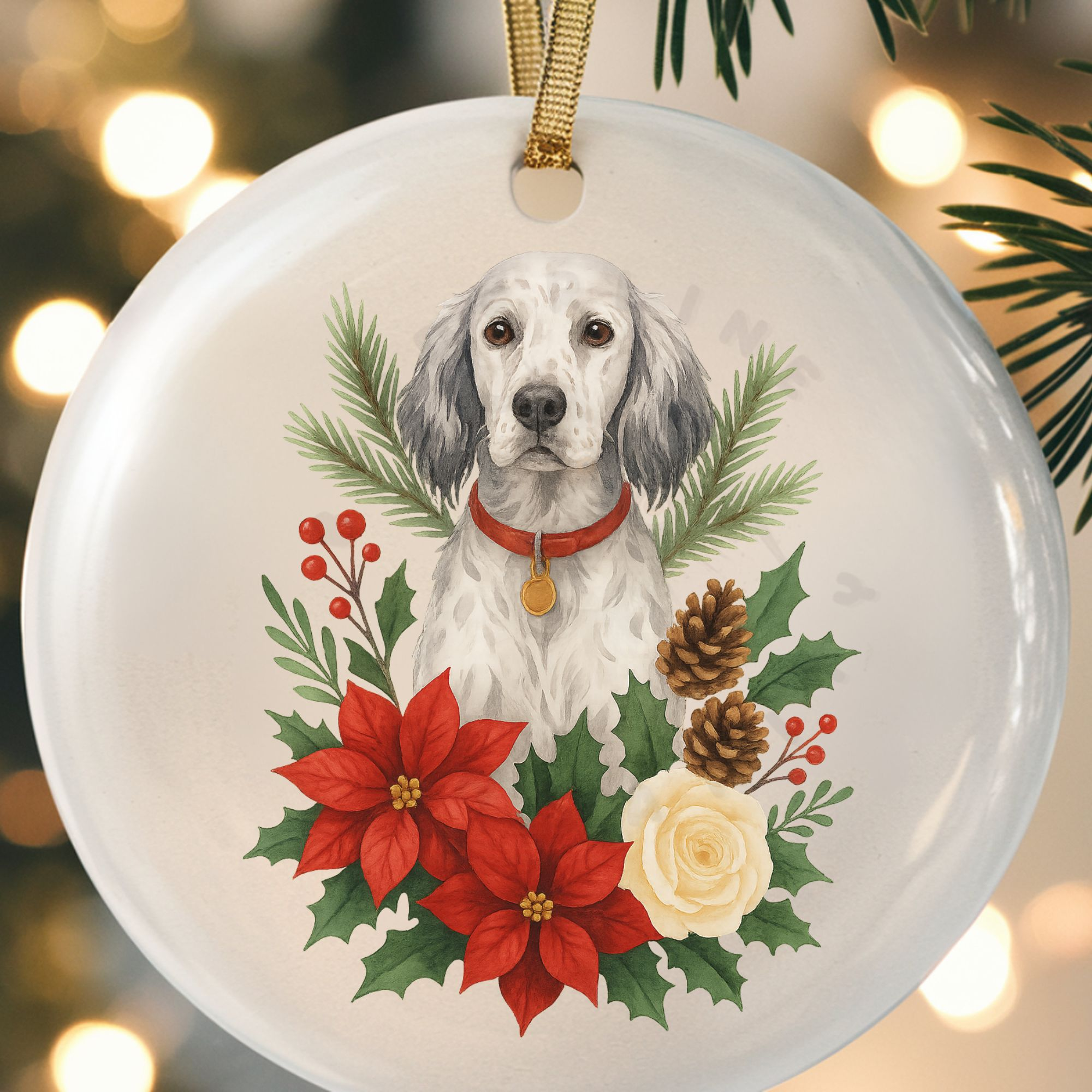 close up of a round ceramic ornament with a graphic of an English setter surrounded by christmas flowers and greenery