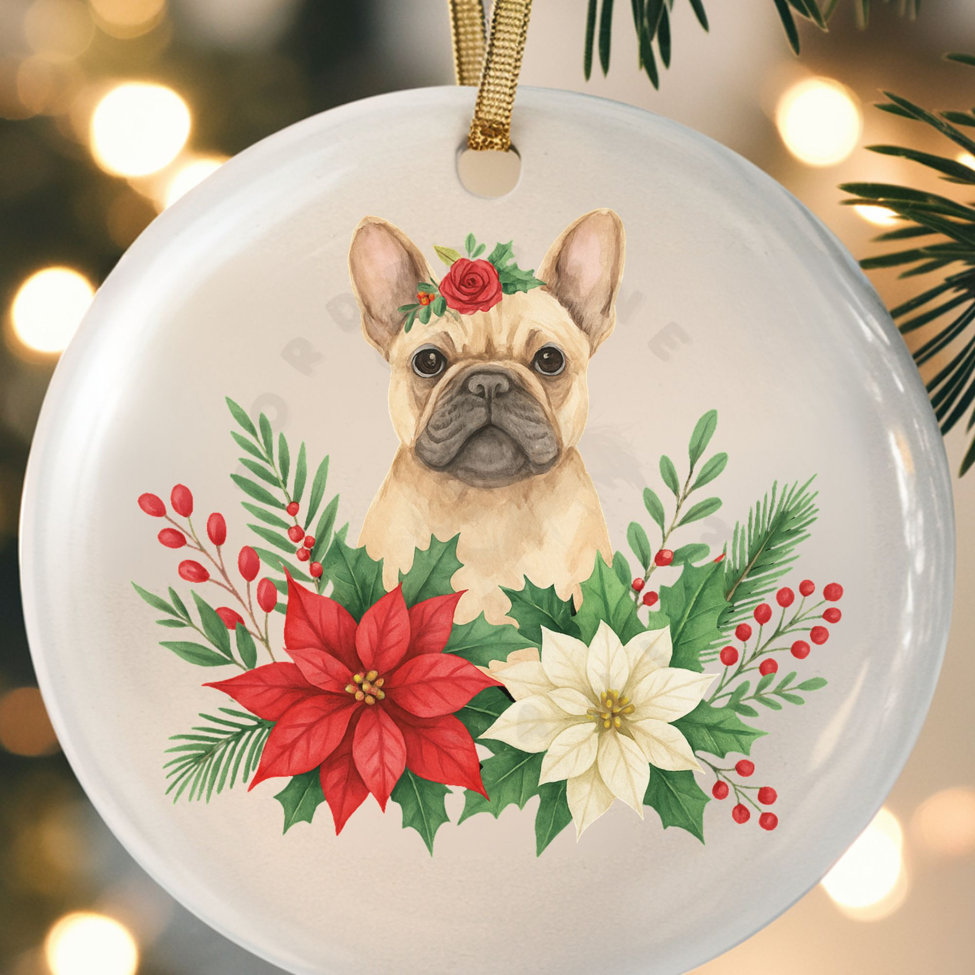 close up of a round ceramic ornament with a graphic of a french bulldog surrounded by christmas flowers and greenery