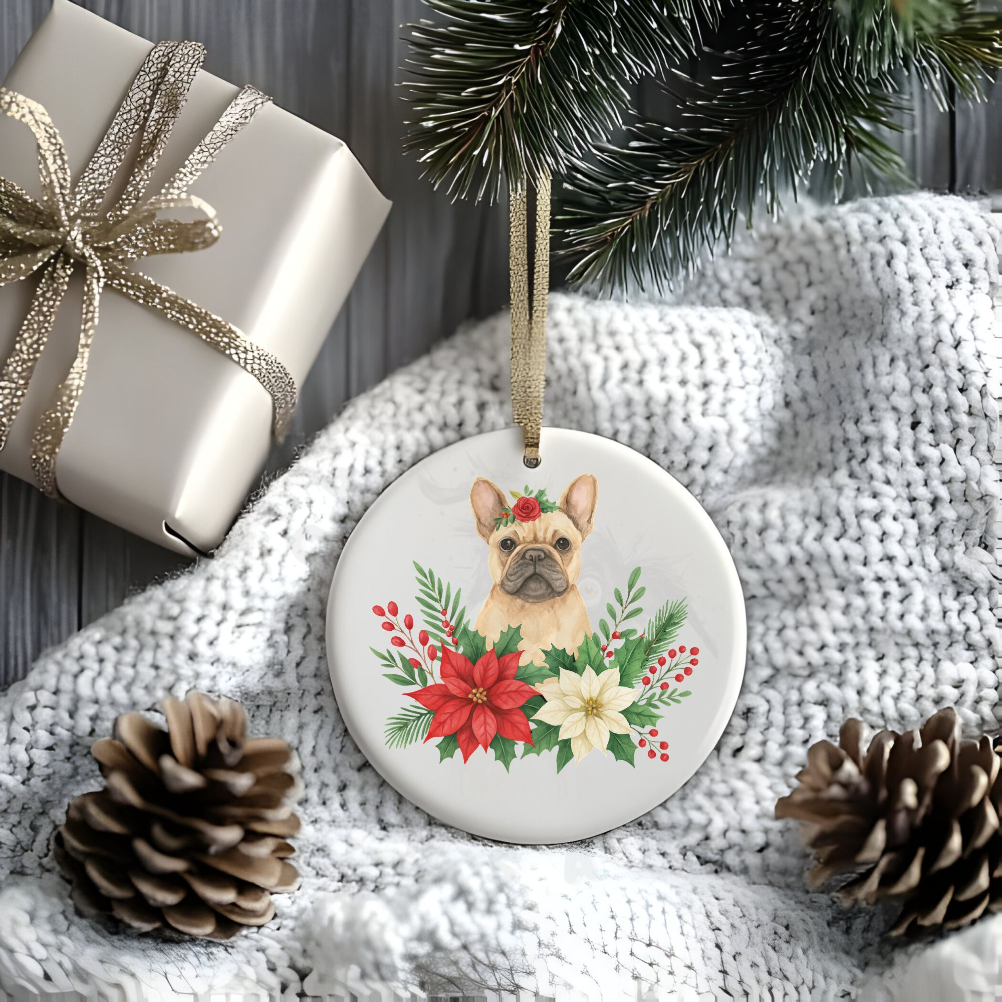 a stylized christmas scene of a package, pine cones, greenery, and a blanket with a round ceramic christmas ornament featuring a graphic of christmas flowers and greenery surrounding a french bulldog