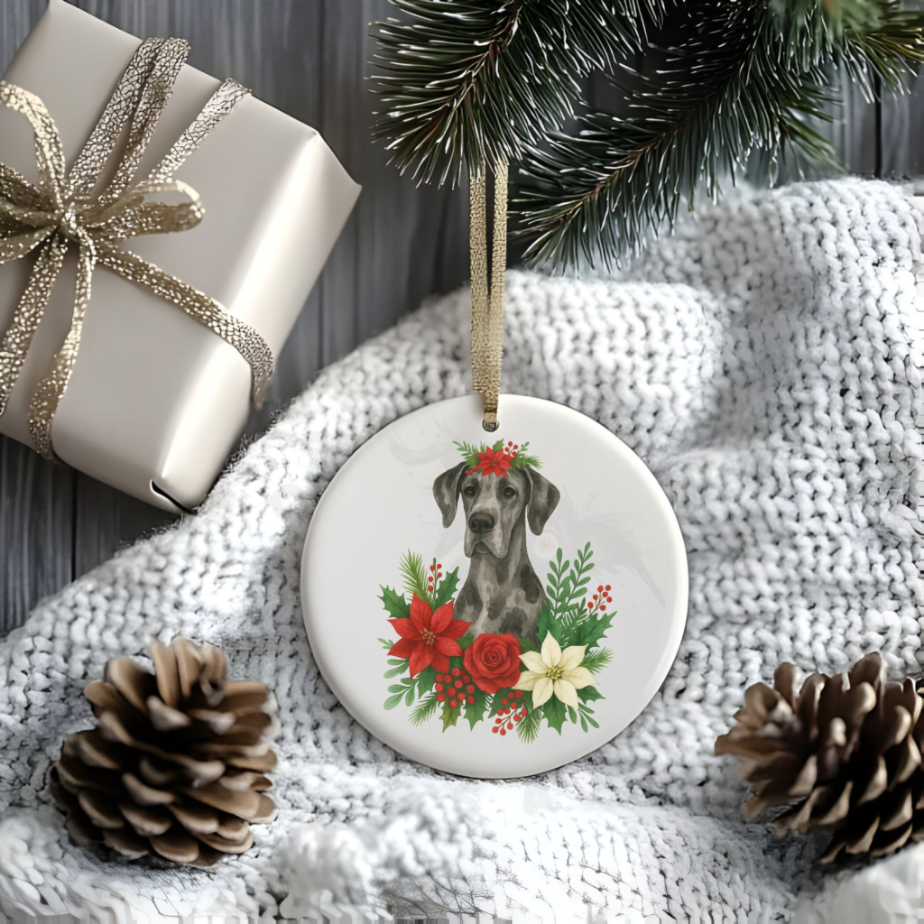a stylized christmas scene of a package, pine cones, greenery, and a blanket with a round ceramic christmas ornament featuring a graphic of christmas flowers and greenery surrounding a great dane