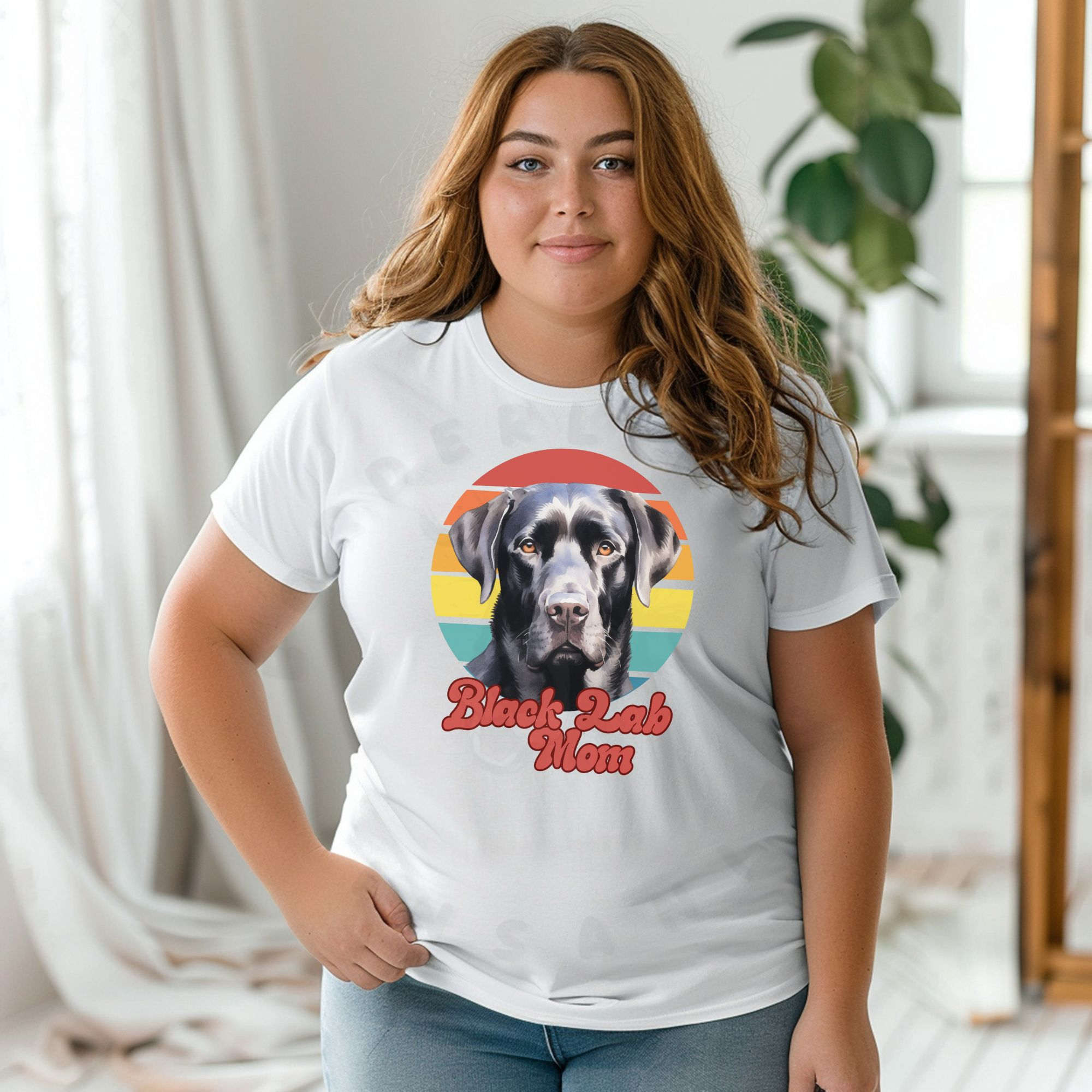 black lab mom tee with retro sunset design