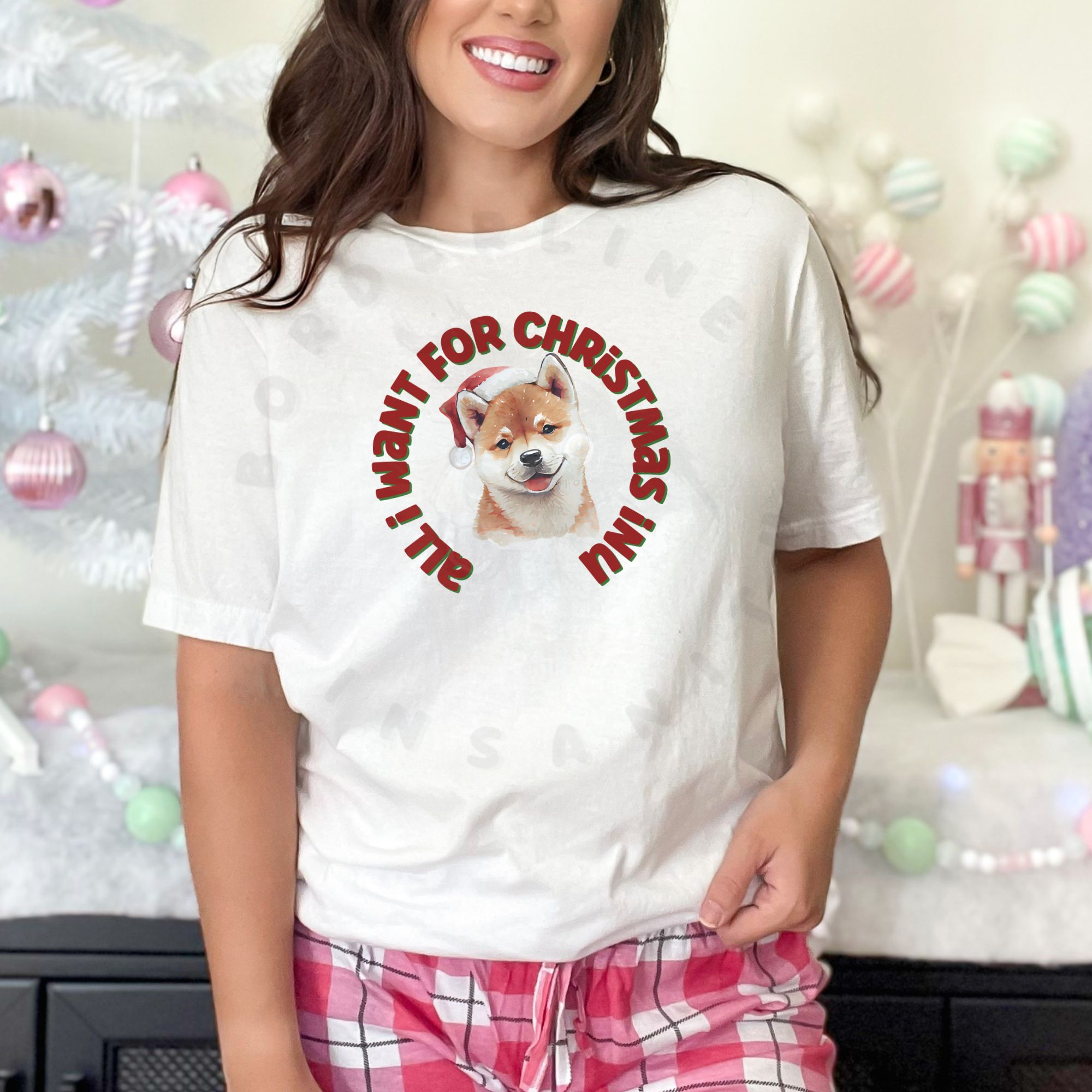 Watercolor Shiba Inu in Santa hat with circular All I Want for Christmas Inu text on t-shirt