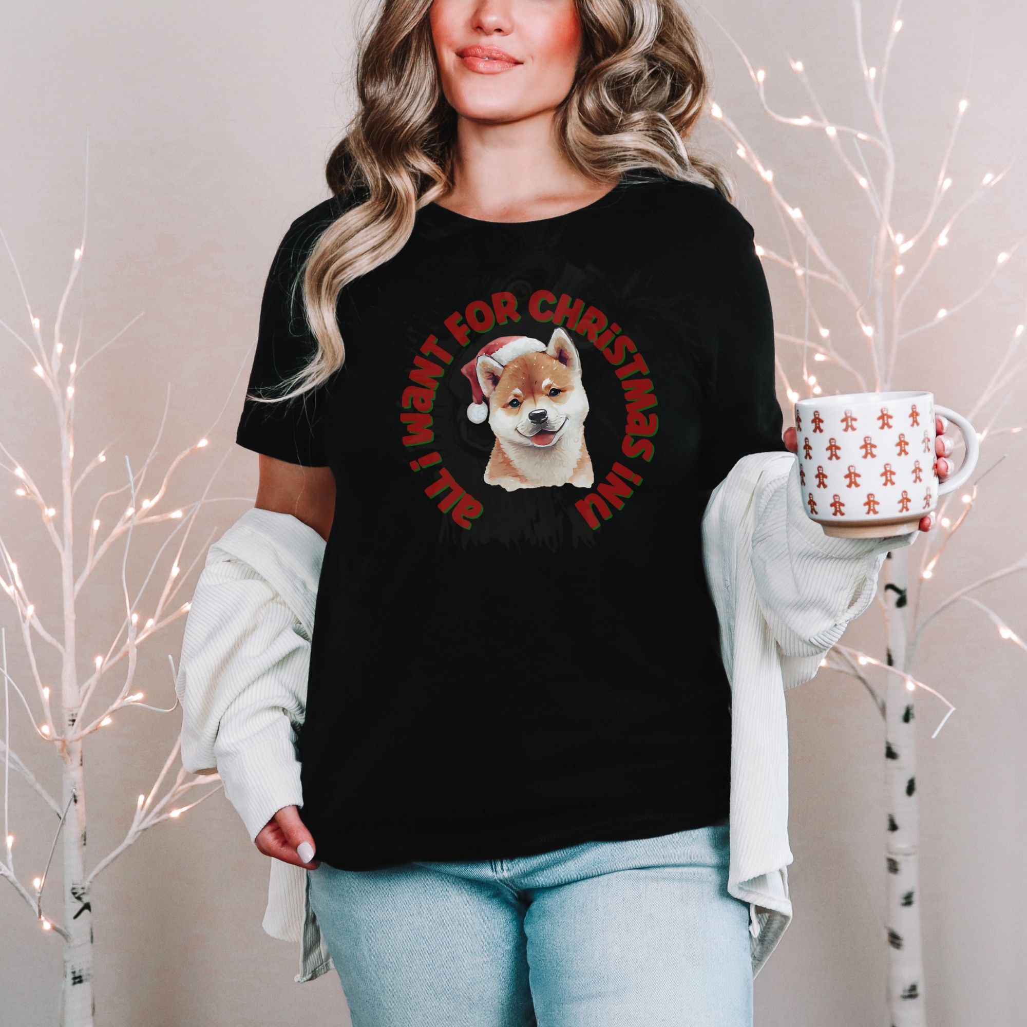 Watercolor Shiba Inu in Santa hat with circular All I Want for Christmas Inu text on t-shirt