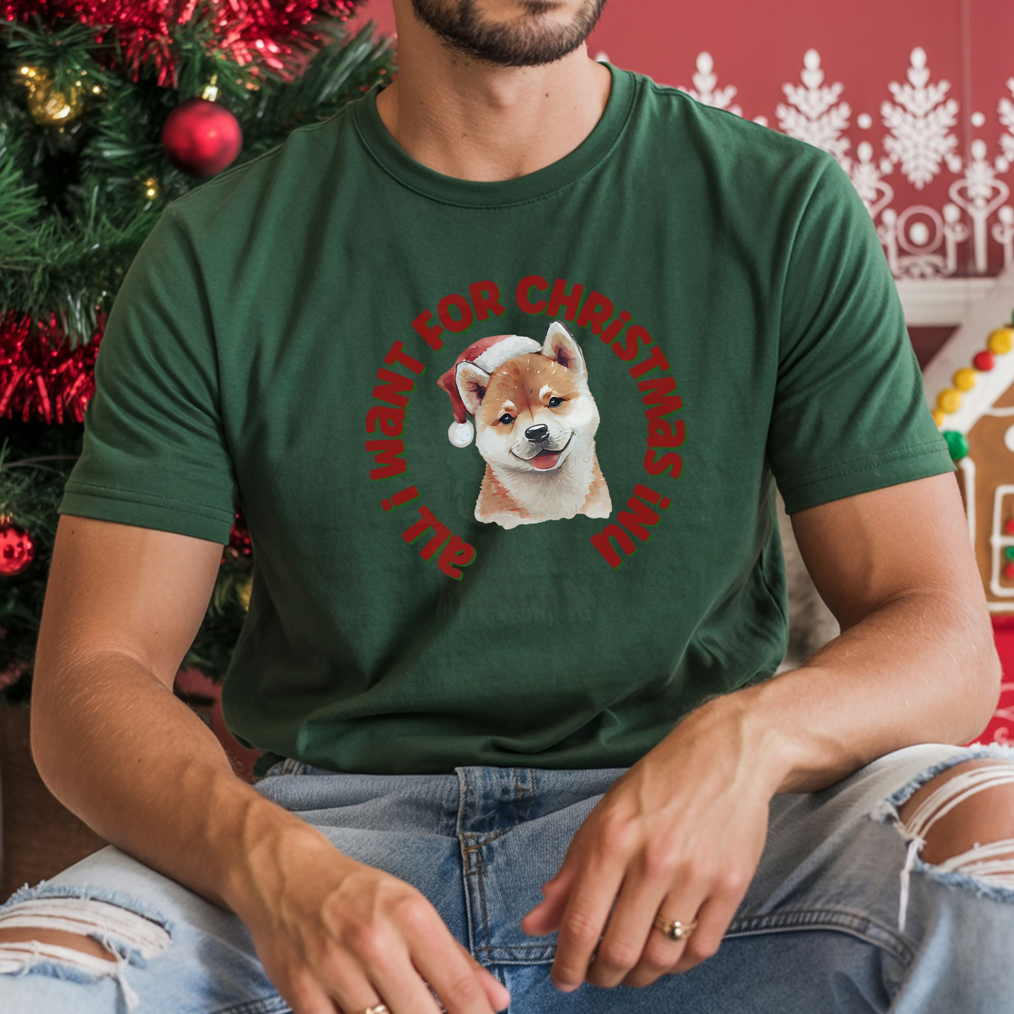 Watercolor Shiba Inu in Santa hat with circular All I Want for Christmas Inu text on t-shirt