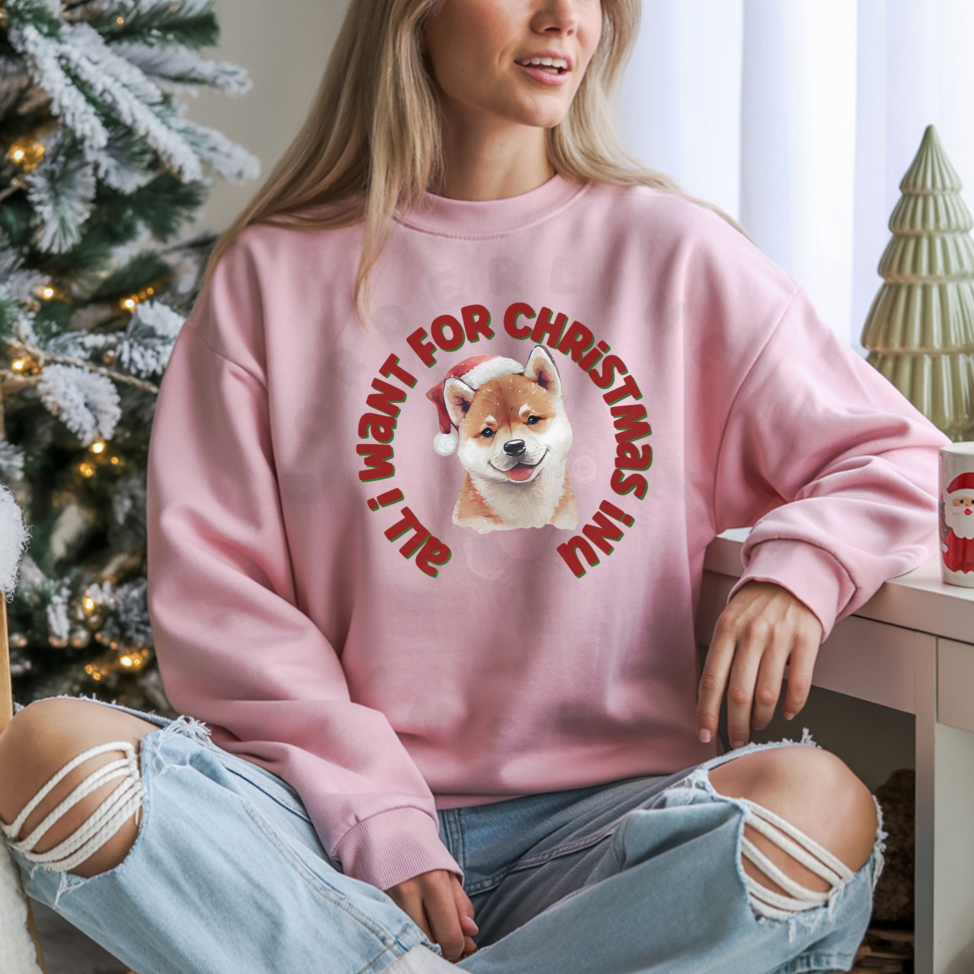 Watercolor Shiba Inu wearing Santa hat in circular design with All I Want for Christmas is My Shiba Inu text on sweatshirt