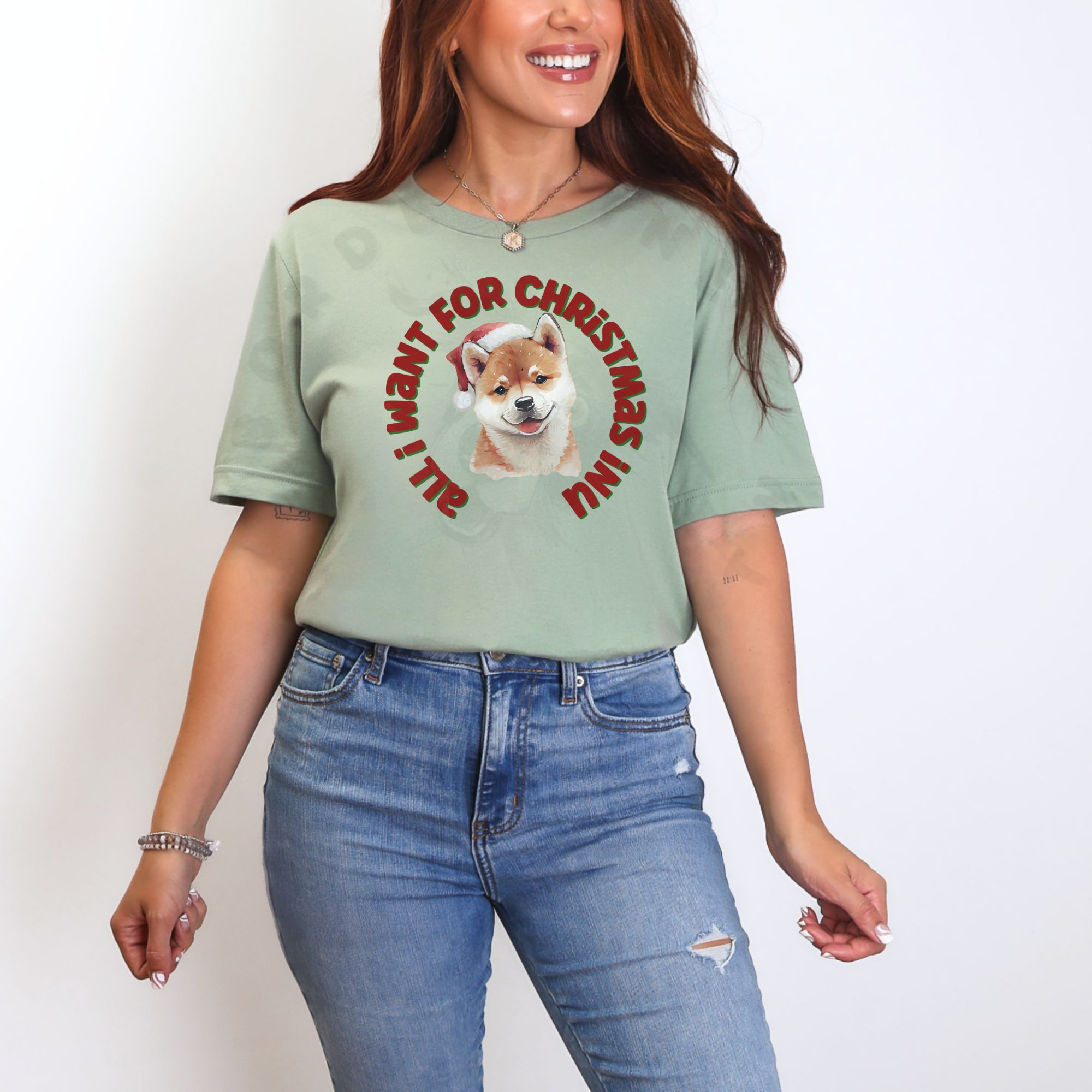 Watercolor Shiba Inu in Santa hat with circular All I Want for Christmas Inu text on t-shirt