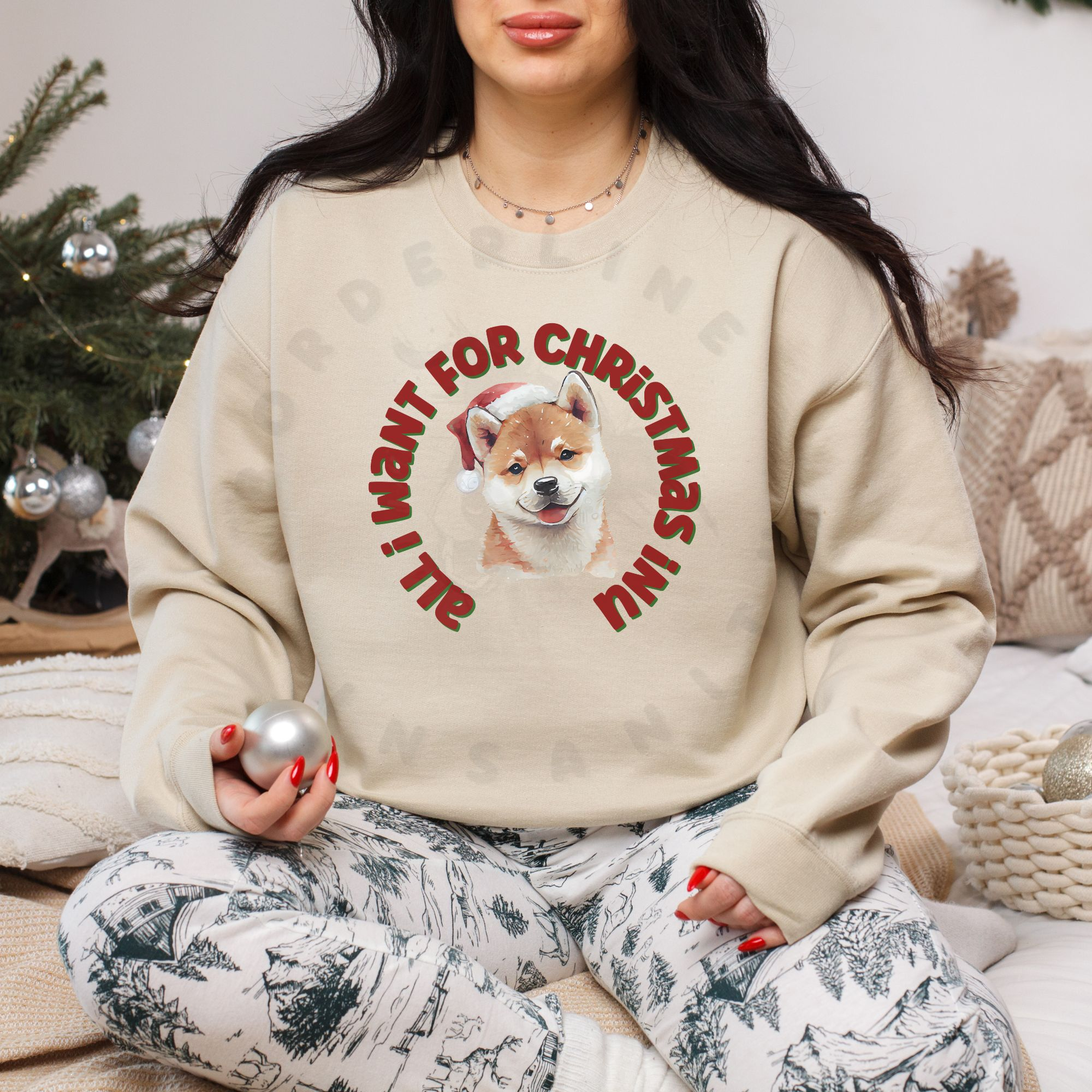 Watercolor Shiba Inu wearing Santa hat in circular design with All I Want for Christmas is My Shiba Inu text on sweatshirt