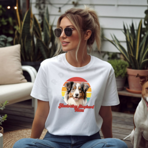 a woman wearing a white tee with a retro sunset design featuring an australian shepherd and the words australian shepherd mom in retro script