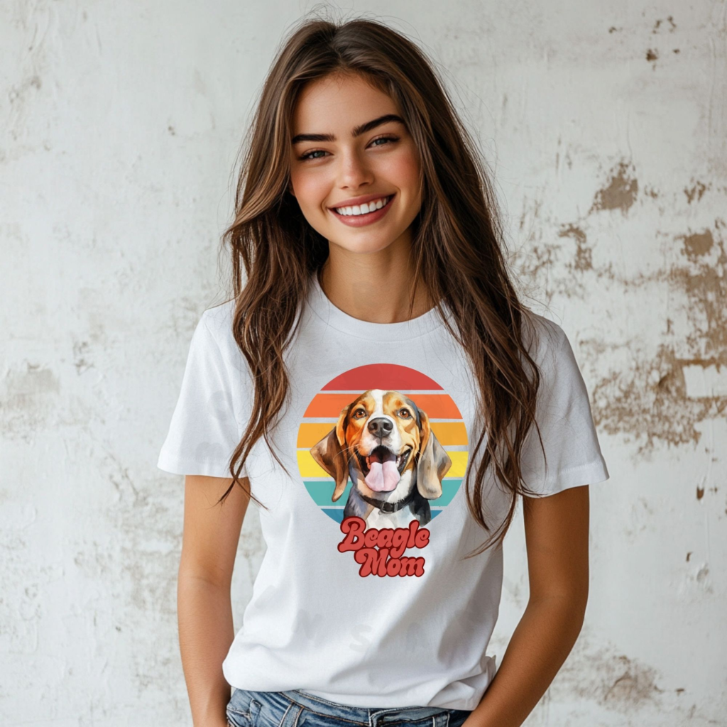 a woman wearing a white tee featuring a retro sunset design and a beagle with the words beagle mom in retro script