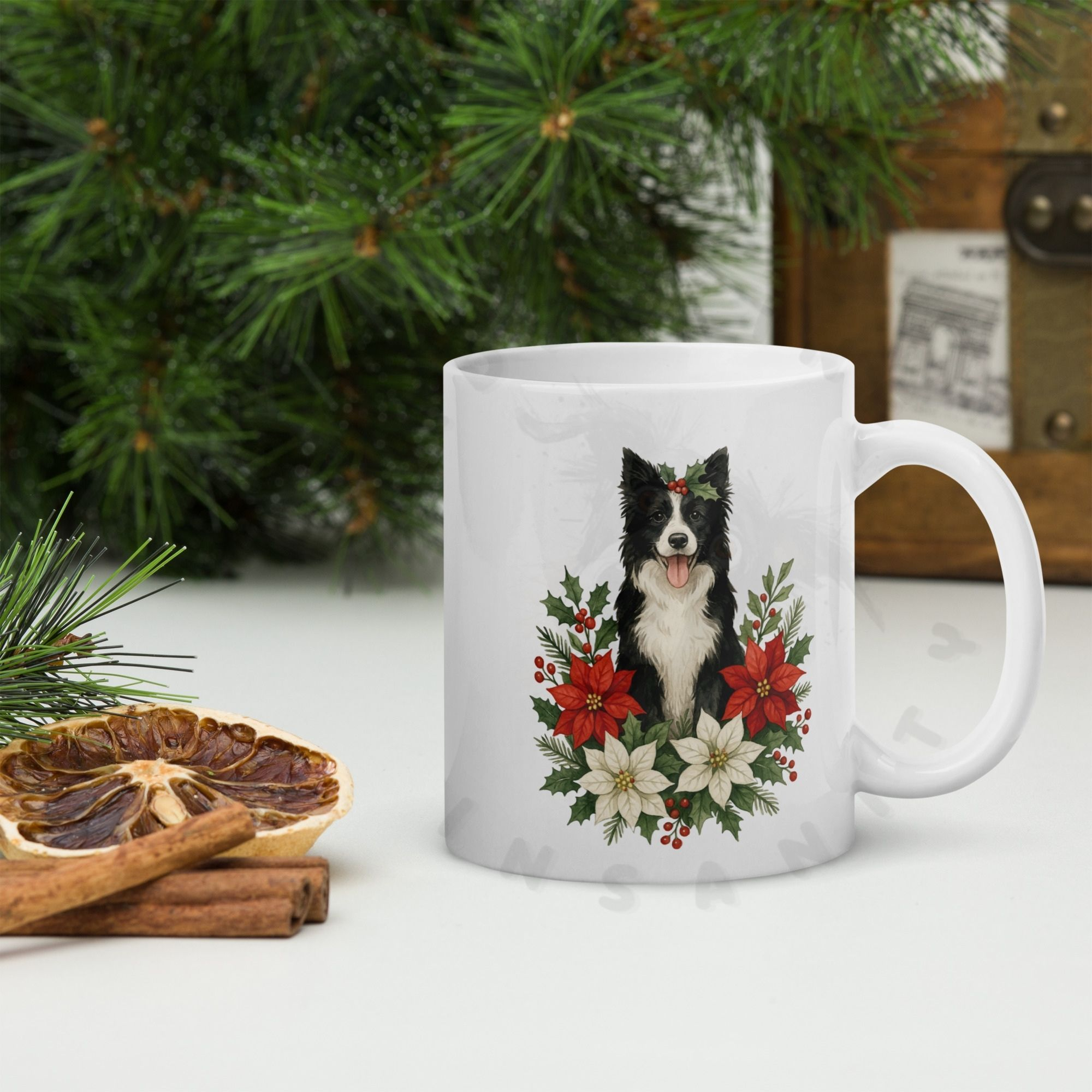 ceramic mug featuring Border Collie portrait surrounded by red poinsettias, holly berries, pinecones and winter greenery for Christmas