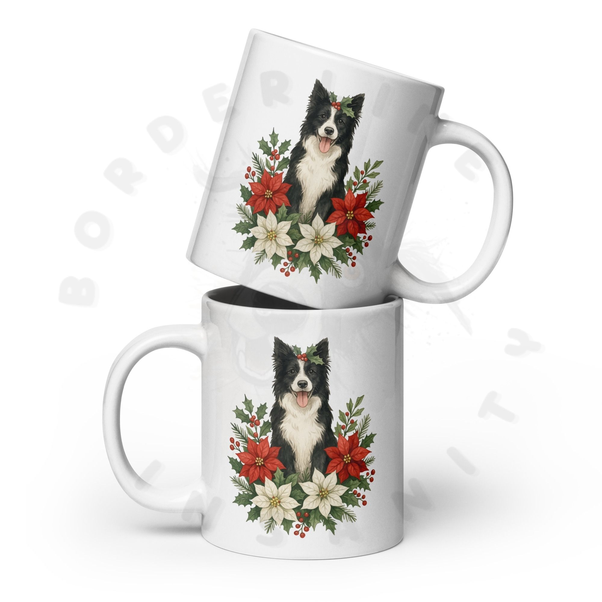 White 20oz ceramic mug featuring Border Collie portrait surrounded by red poinsettias, holly berries, pinecones and winter greenery for Christmas