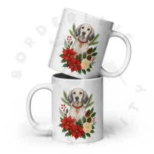 White 20oz ceramic mug featuring English Setter bird dog portrait surrounded by red poinsettias and Christmas botanical