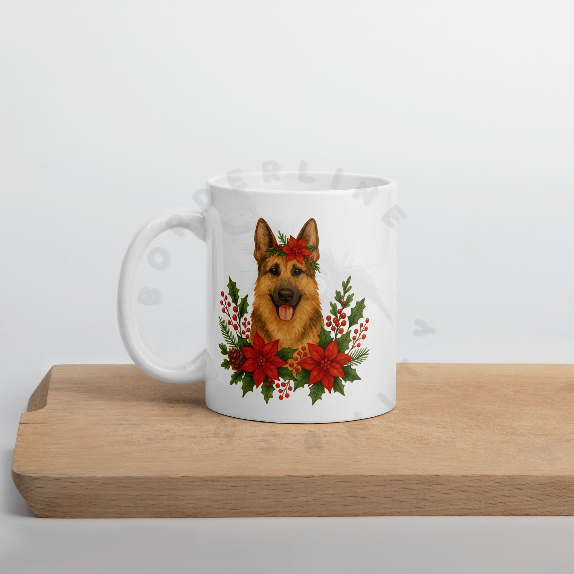White 15oz ceramic mug with German Shepherd dog portrait surrounded by red poinsettias, holly and Christmas florals