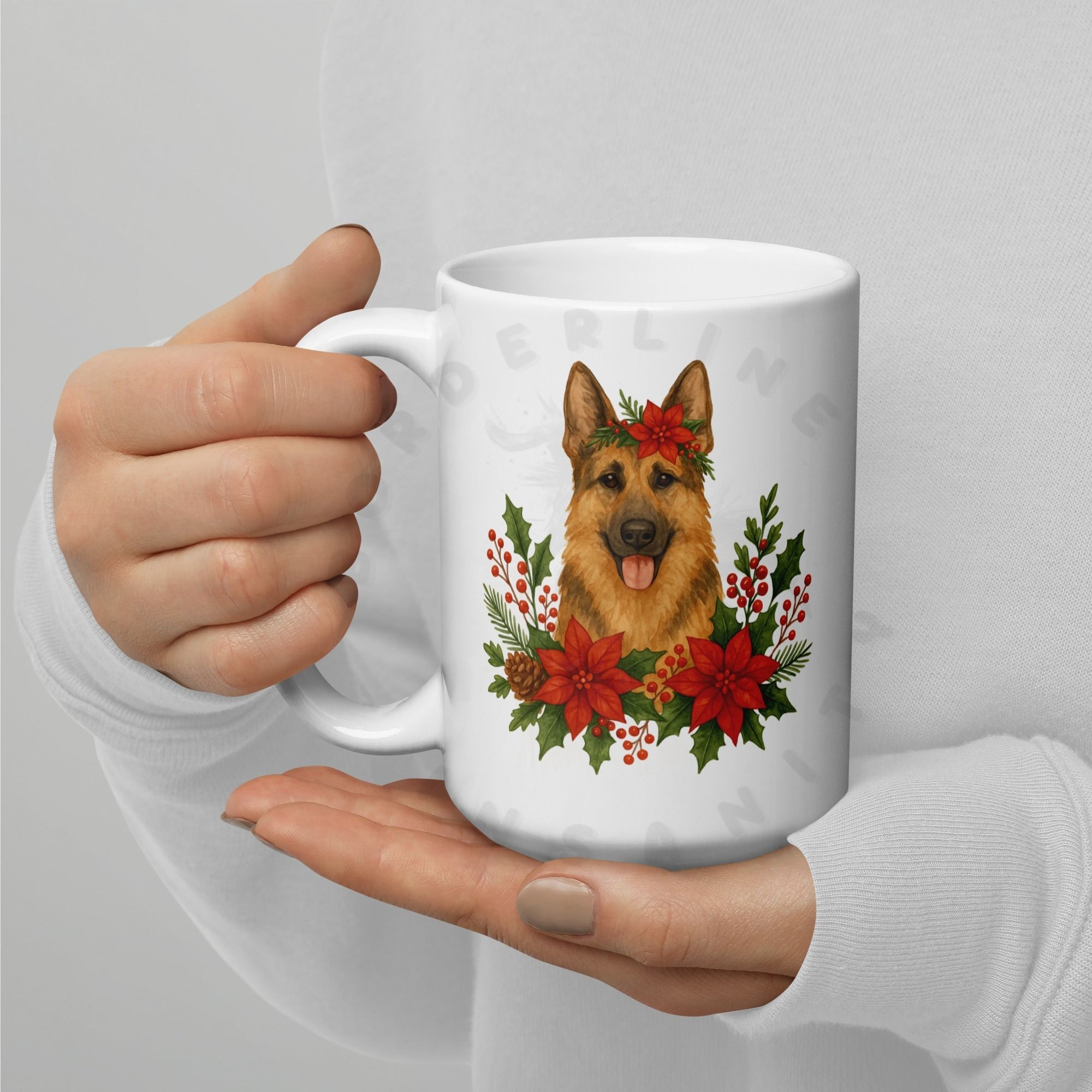 Person holding German Shepherd Christmas mug featuring festive holiday flowers and winter botanical design