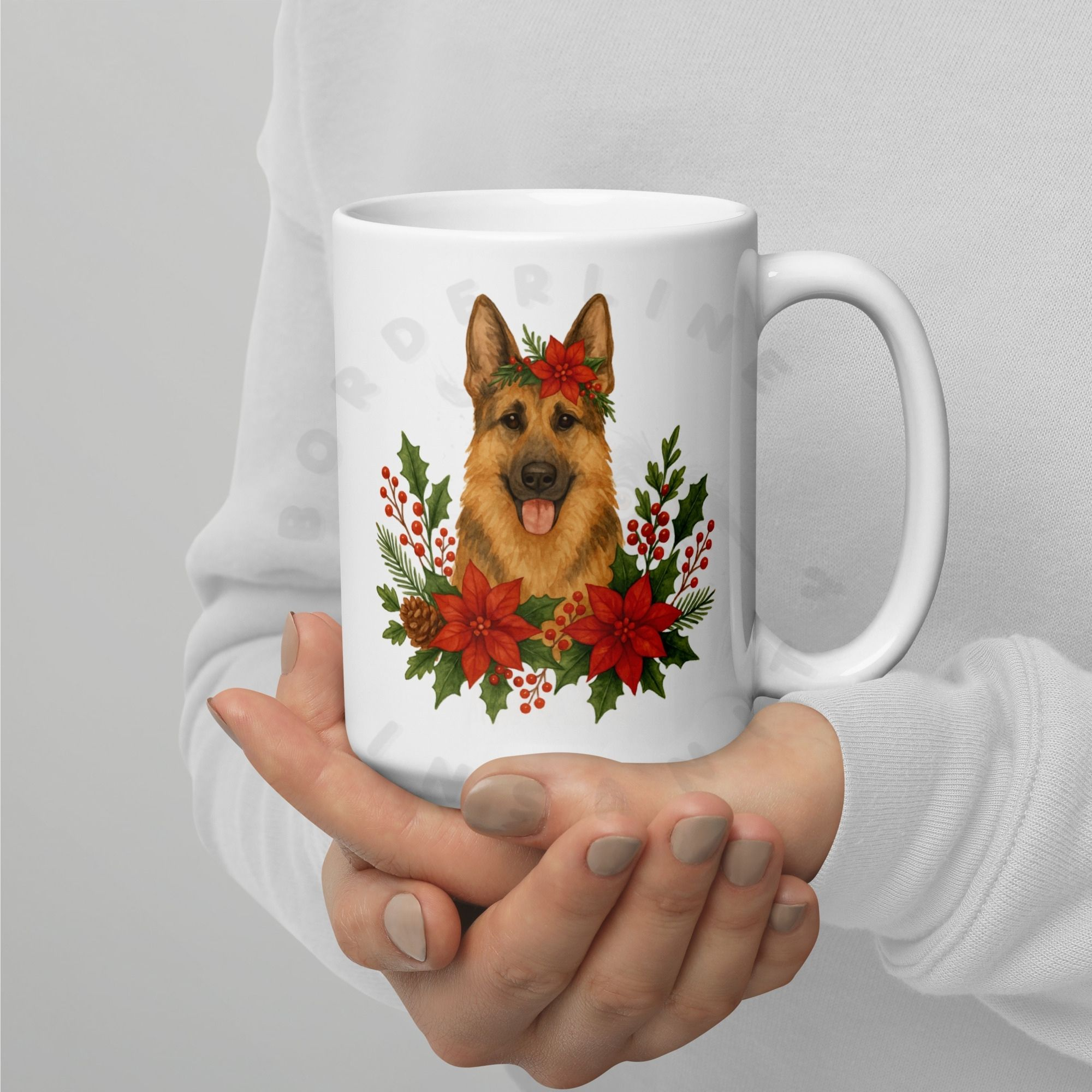Person holding German Shepherd Christmas mug featuring festive holiday flowers and winter botanical design