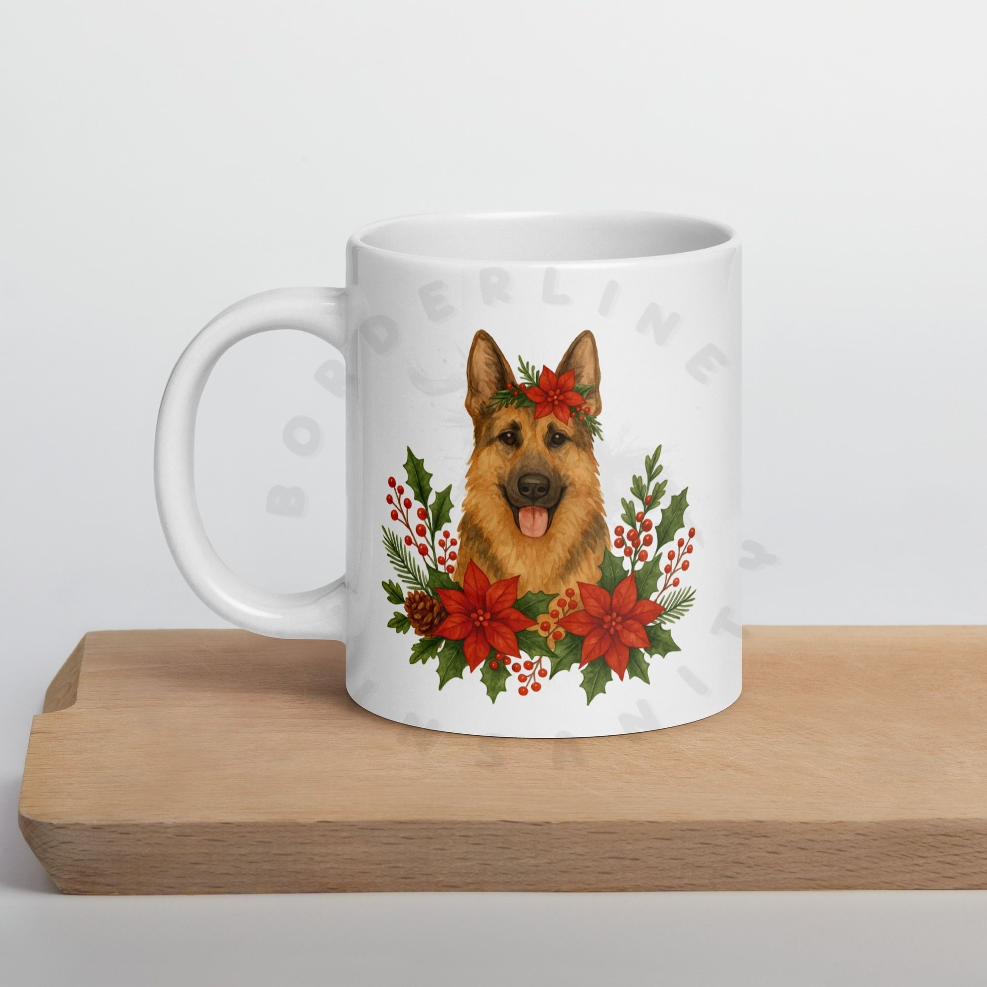 German Shepherd GSD watercolor portrait with red poinsettias and evergreen sprigs on ceramic coffee mug