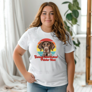 a woman wearing a white tee featuring a retro sunset design with a german shorthaired pointer and the words german shorthaired pointer mom in retro script