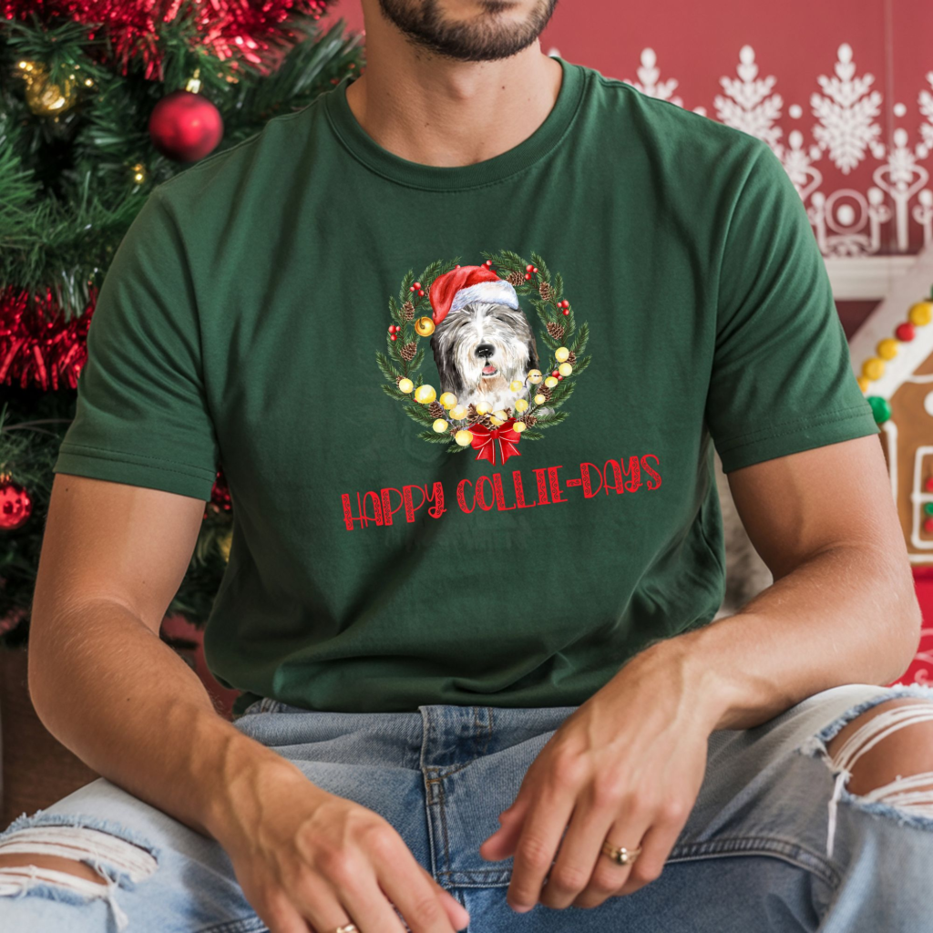 Bearded collie wearing Santa hat in Christmas wreath with Happy Collie-Days text on t-shirt