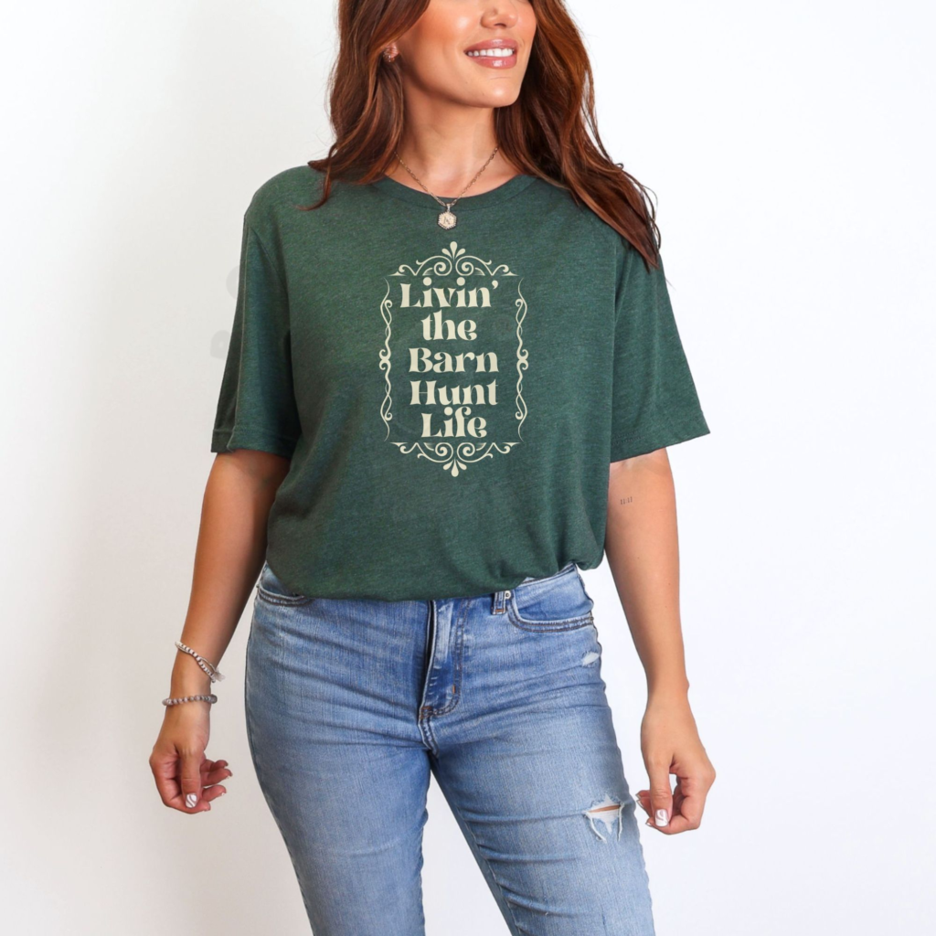Front view of Livin' the Barn Hunt Life dog sport shirt with vintage farmhouse style design