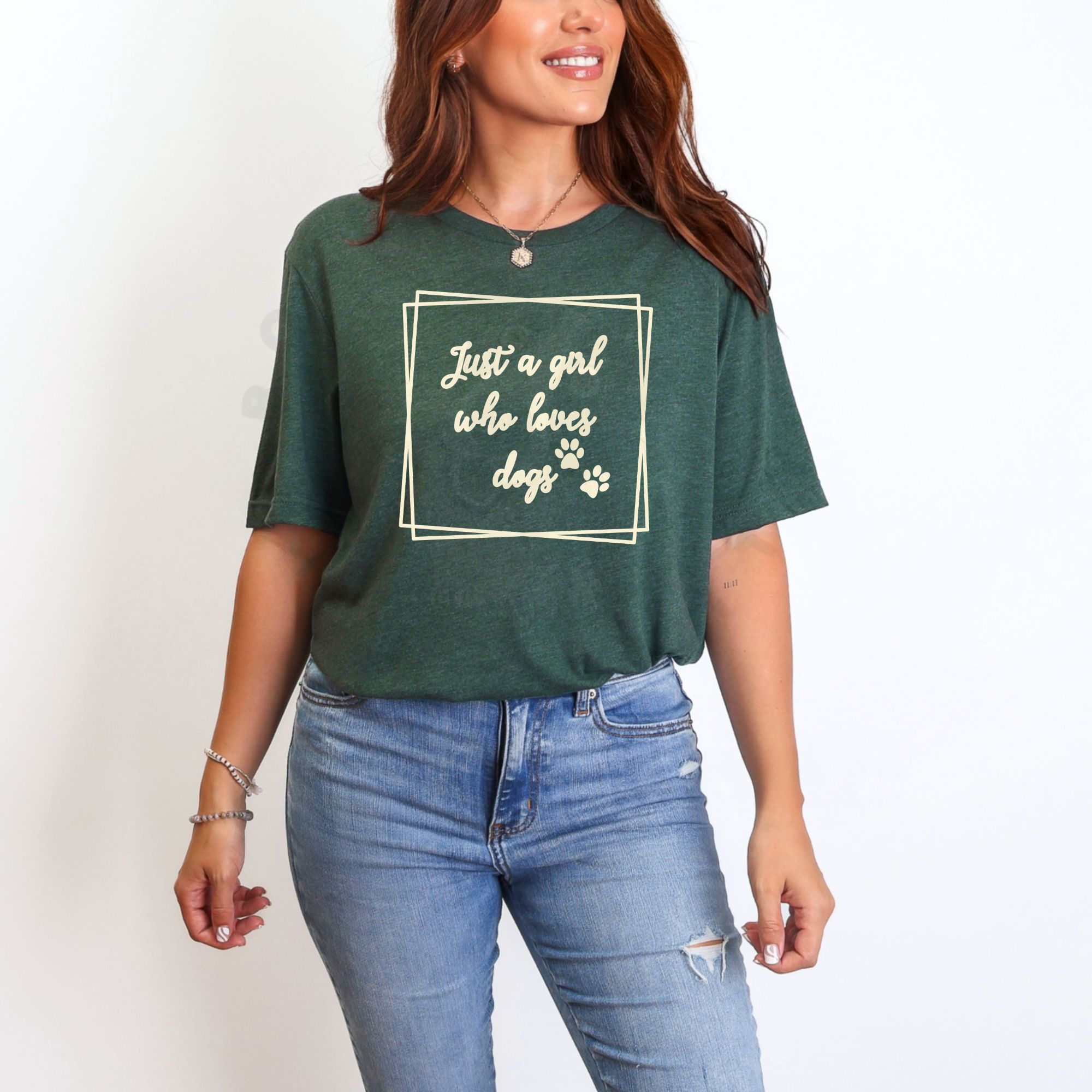 ust a girl who loves dogs text with paw prints in sketchy frame on heather forest t-shirt