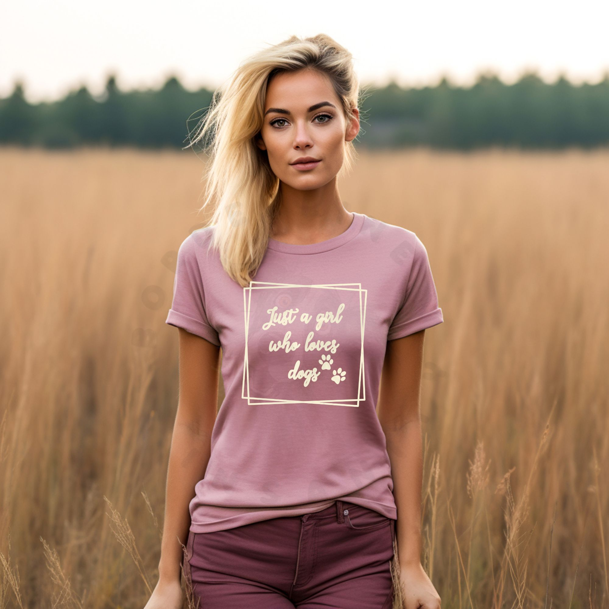 ust a girl who loves dogs text with paw prints in sketchy frame on heather orchid t-shirt
