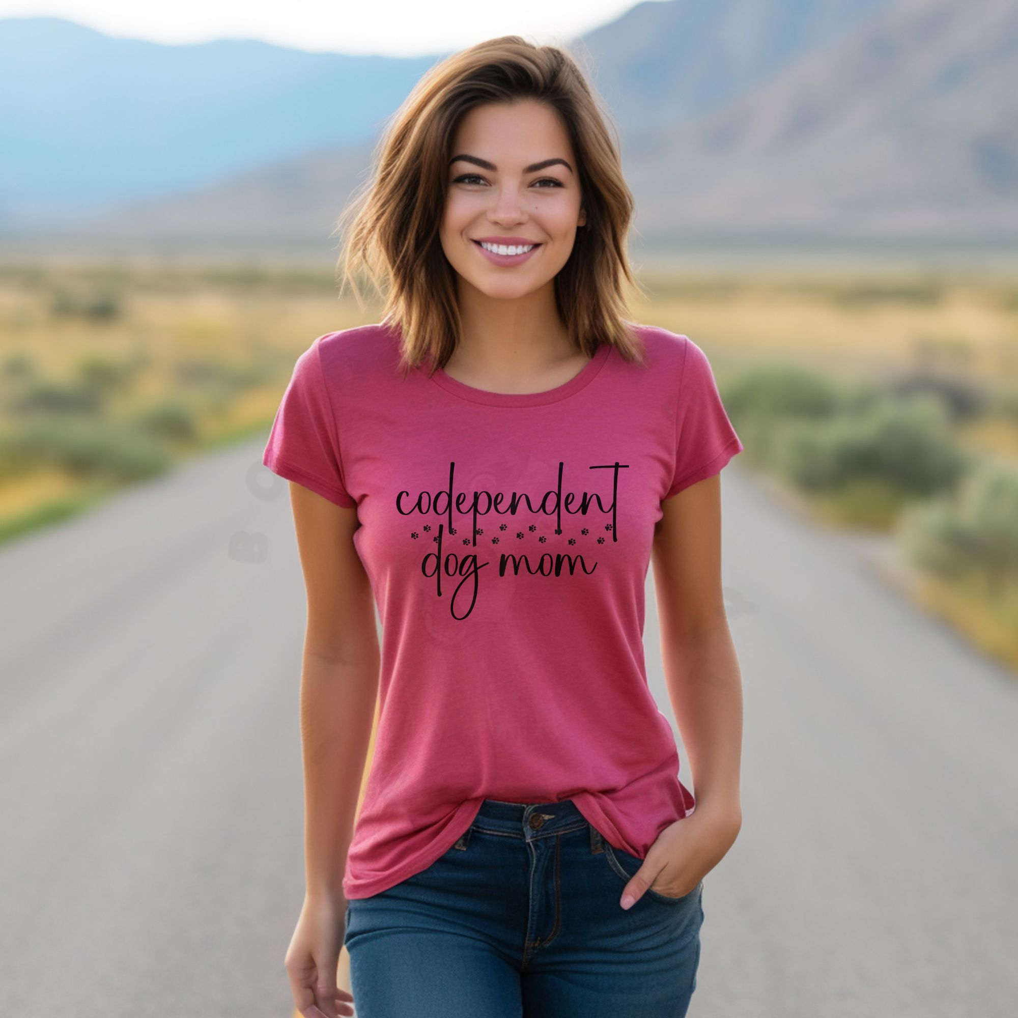 Codependent dog mom shirt design with handwritten text and paw prints for funny dog lover apparel