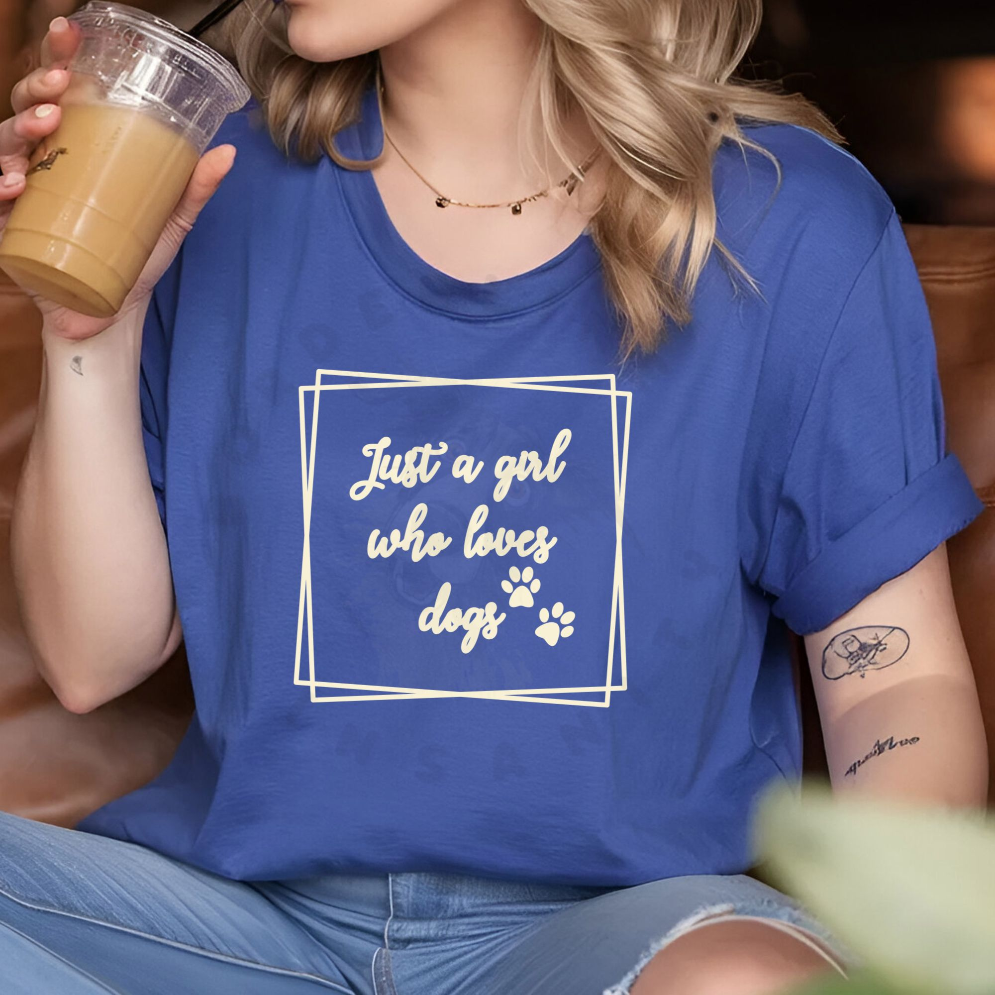 Just a girl who loves dogs text with paw prints in sketchy frame on heather true royal t-shirt