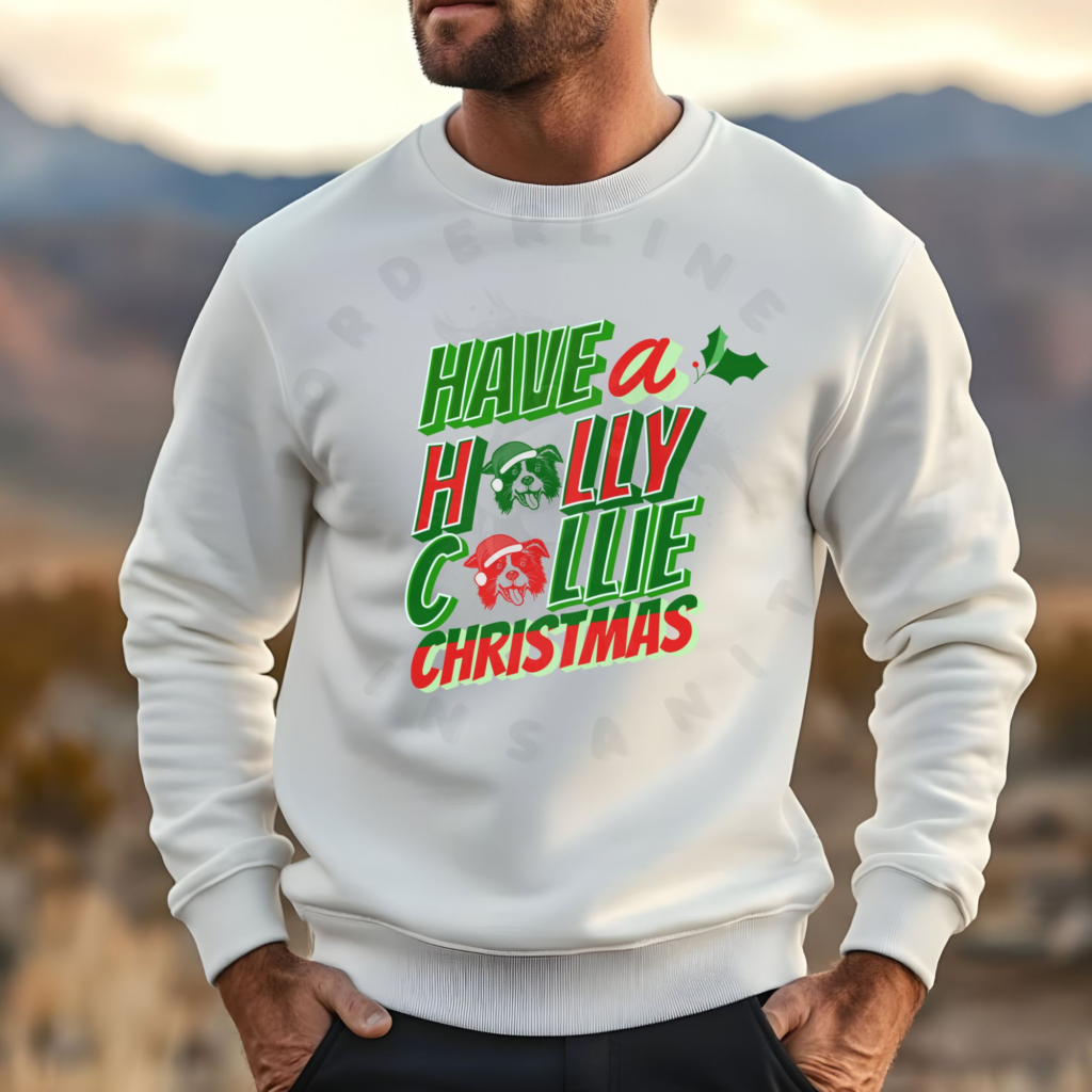 Two Border Collies in Santa hats with Have a Holly Collie Christmas retro text design on sweatshirt
