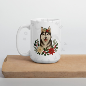 Siberian Husky watercolor portrait with Christmas florals including poinsettias and holly on white ceramic mug