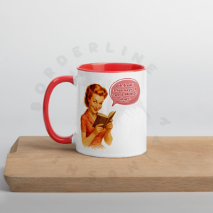 1950s retro woman reading book illustration on funny dog lover coffee mug