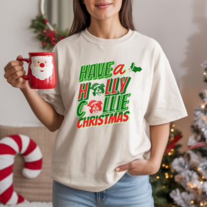 Two Border Collies in Santa hats with Have a Holly Collie Christmas retro design on t-shirt