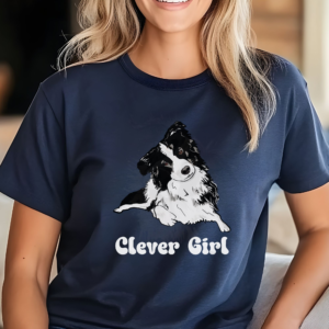 Black and white Border Collie illustration with Clever Girl text on navy t-shirt
