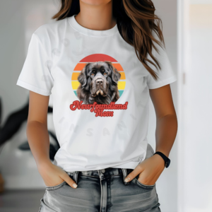 a woman wearing a white tee featuring a retro sunset design with a newfoundland and the words newfoundland mom
