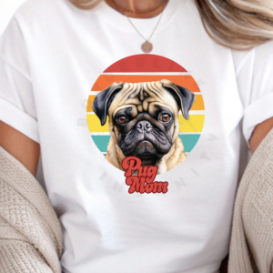 a woman wearing a white tee featuring a retro sunset design and a pug with the words pug mom in retro script