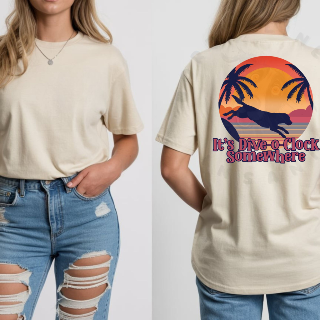 It's Dive O'Clock Somewhere retro sunset shirt with silhouette of diving dog, palm trees, and vintage 70s style design