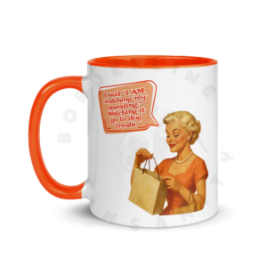 Vintage 1950s glamorous woman illustration on funny dog spending money mug design