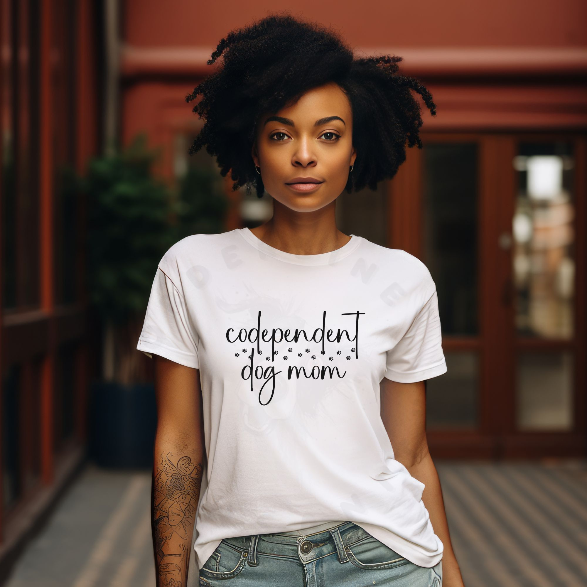Codependent dog mom shirt design with handwritten text and paw prints for funny dog lover apparel